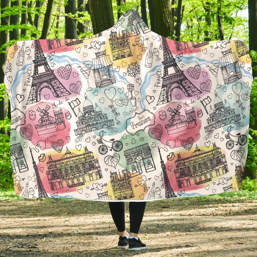 Paris France Print Pattern Hooded Blanket-grizzshop