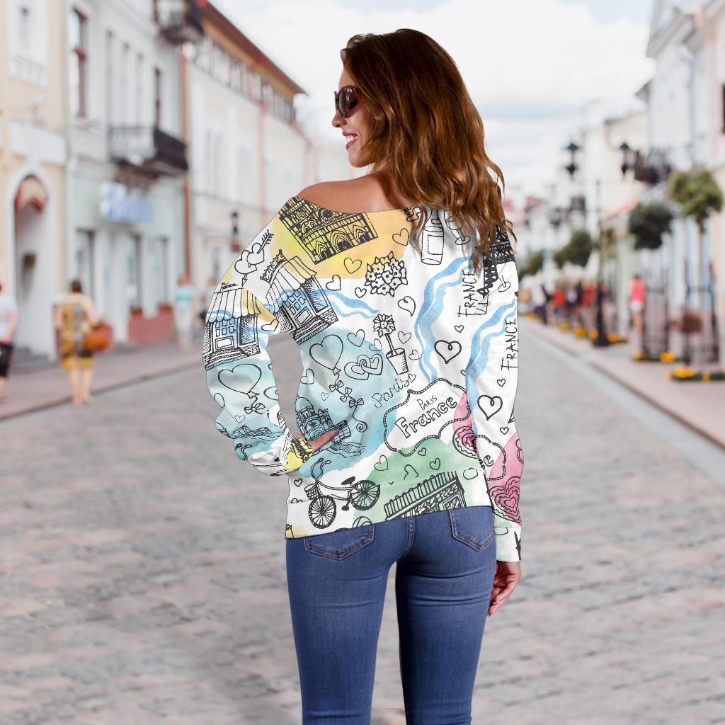 Paris France Print Pattern Women Off Shoulder Sweatshirt-grizzshop