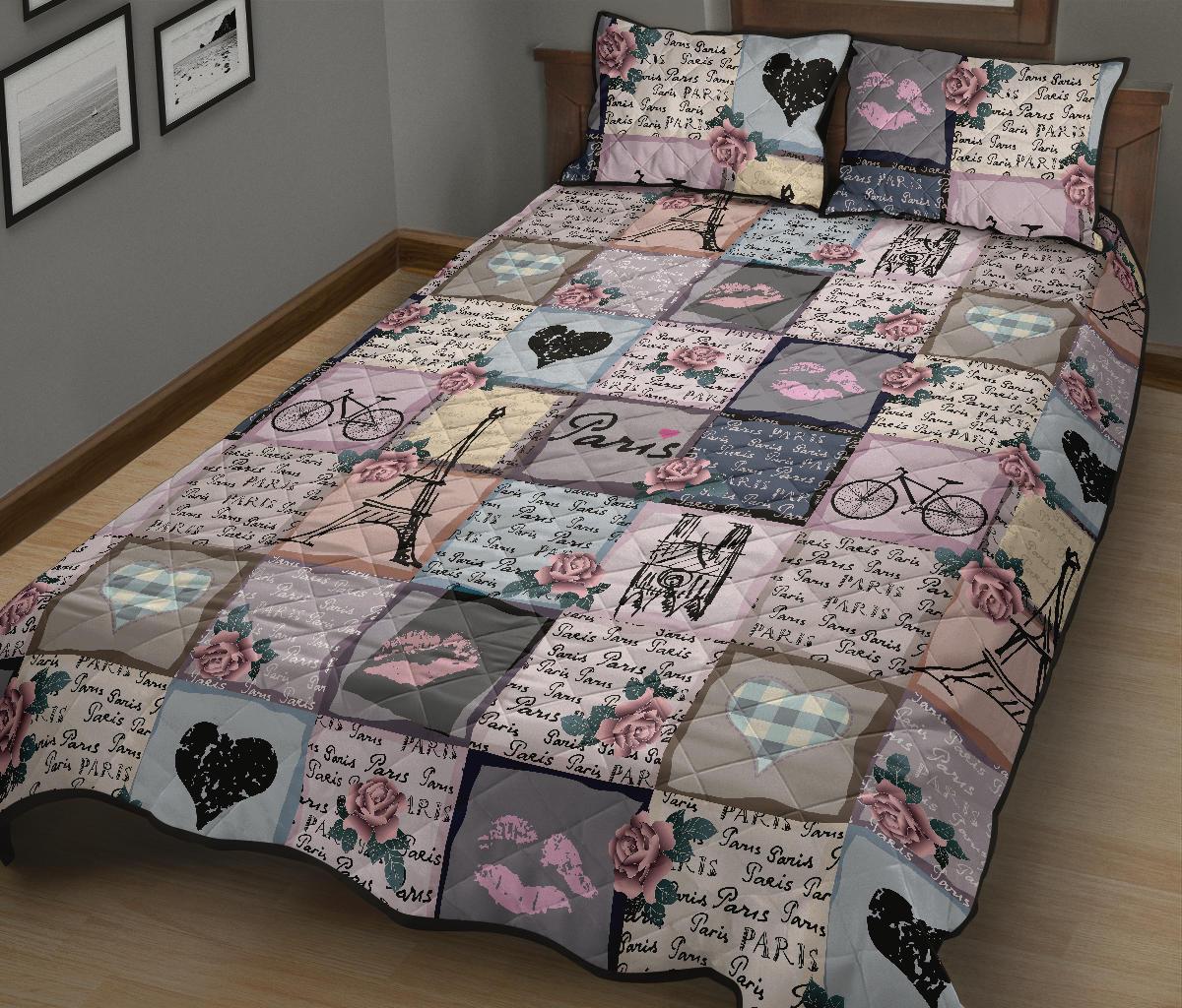 Paris Pattern Print Bed Set Quilt-grizzshop