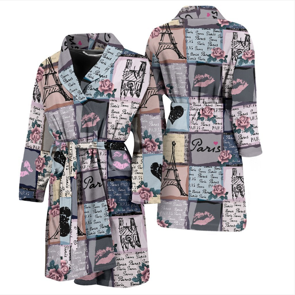 Paris Pattern Print Men Long Robe-grizzshop