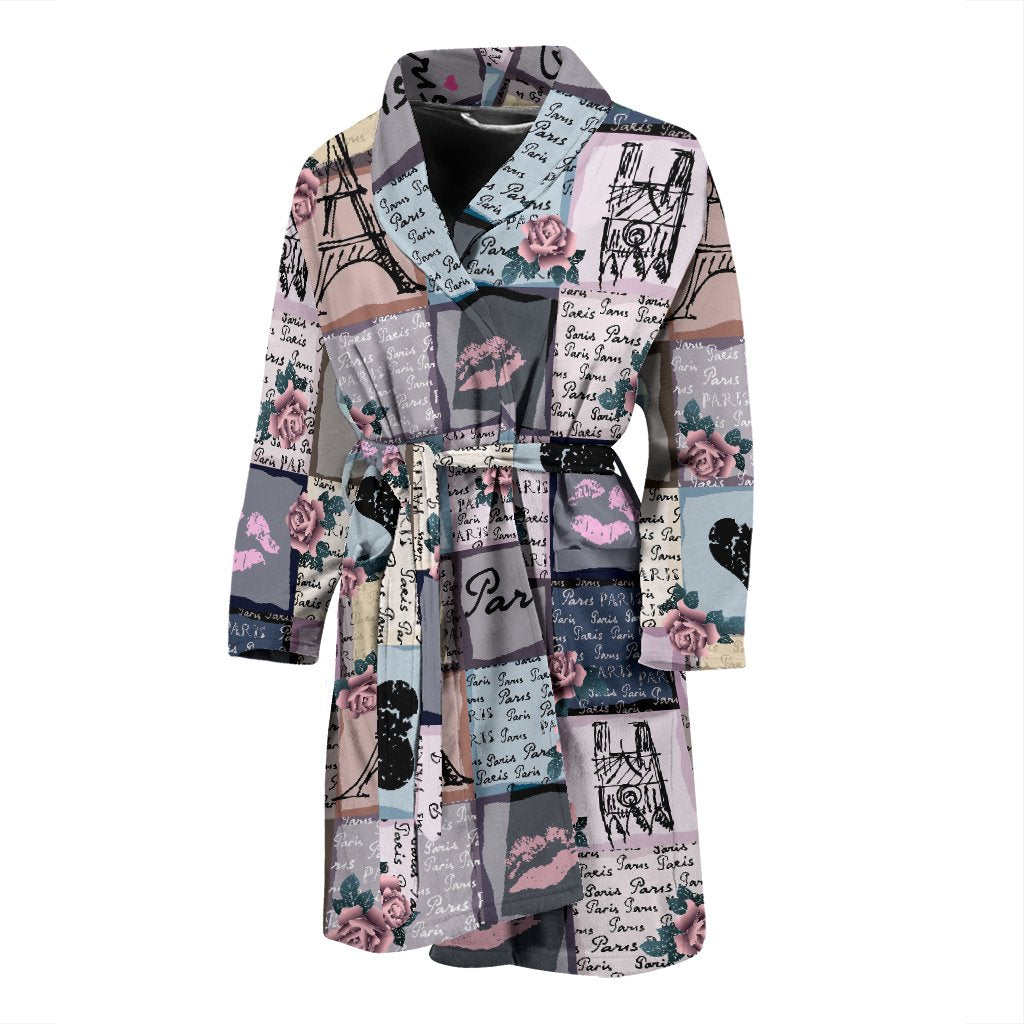 Paris Pattern Print Men Long Robe-grizzshop