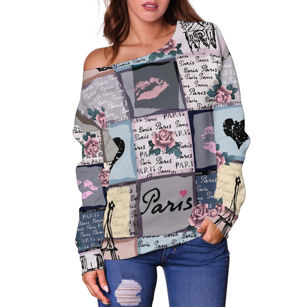 Paris Pattern Print Women Off Shoulder Sweatshirt-grizzshop