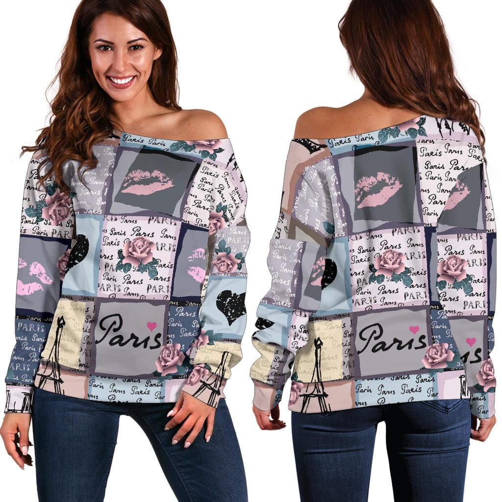 Paris Pattern Print Women Off Shoulder Sweatshirt-grizzshop