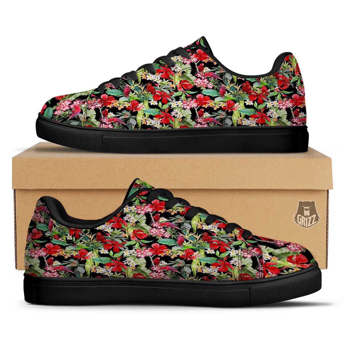 Parrot Hawaiian Tropical Print Pattern Black Low Top Sneakers-grizzshop