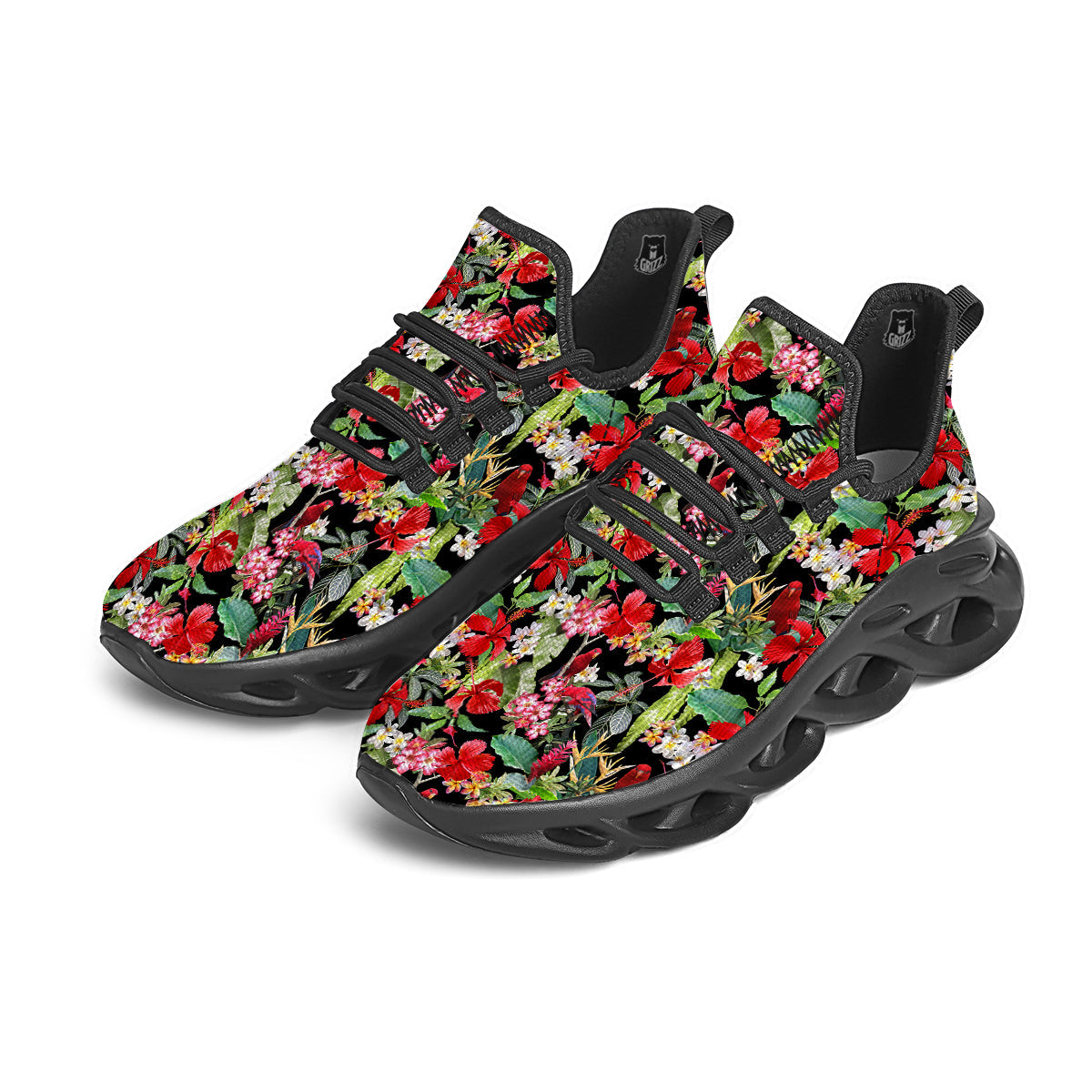 Parrot Hawaiian Tropical Print Pattern Black Running Shoes-grizzshop