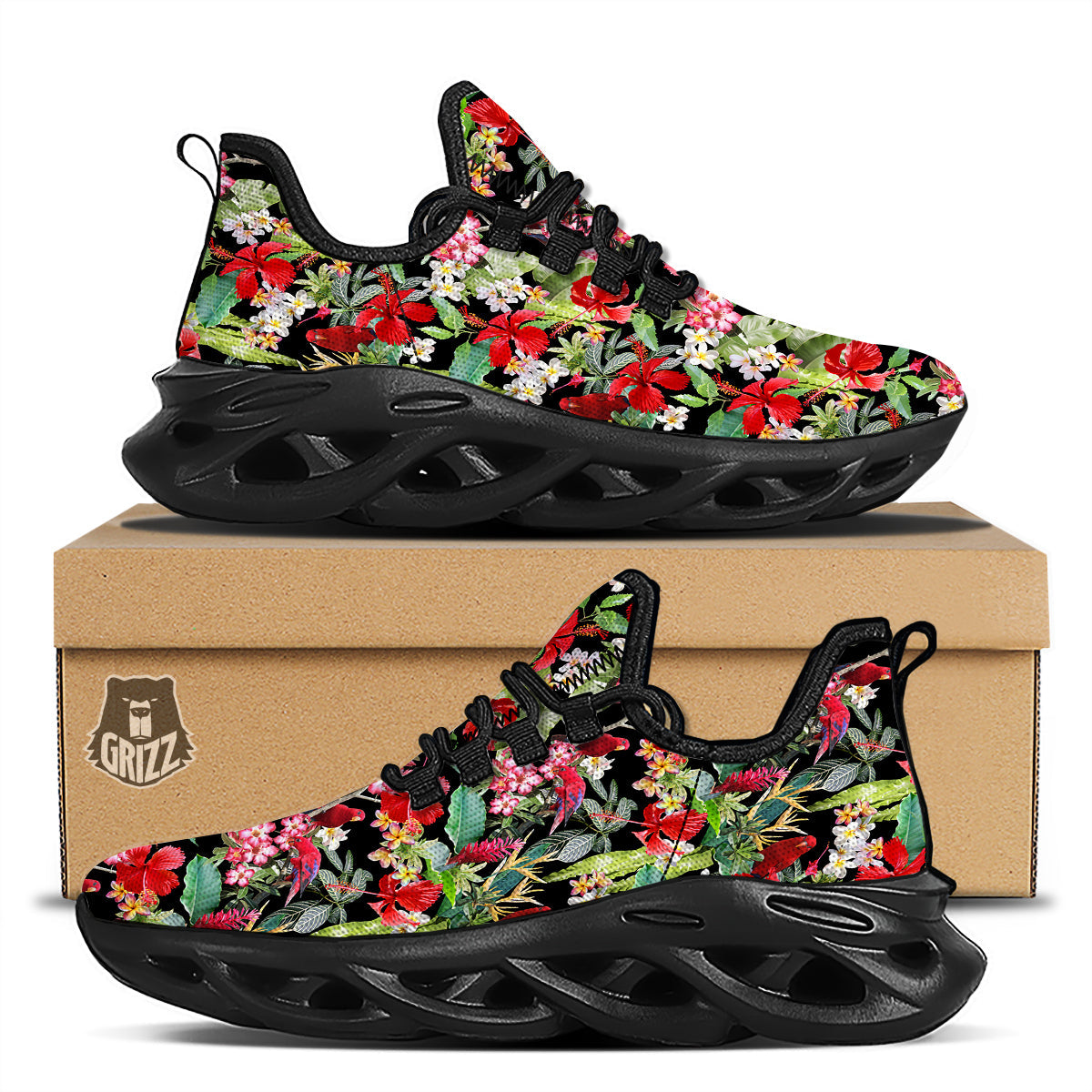 Parrot Hawaiian Tropical Print Pattern Black Running Shoes-grizzshop