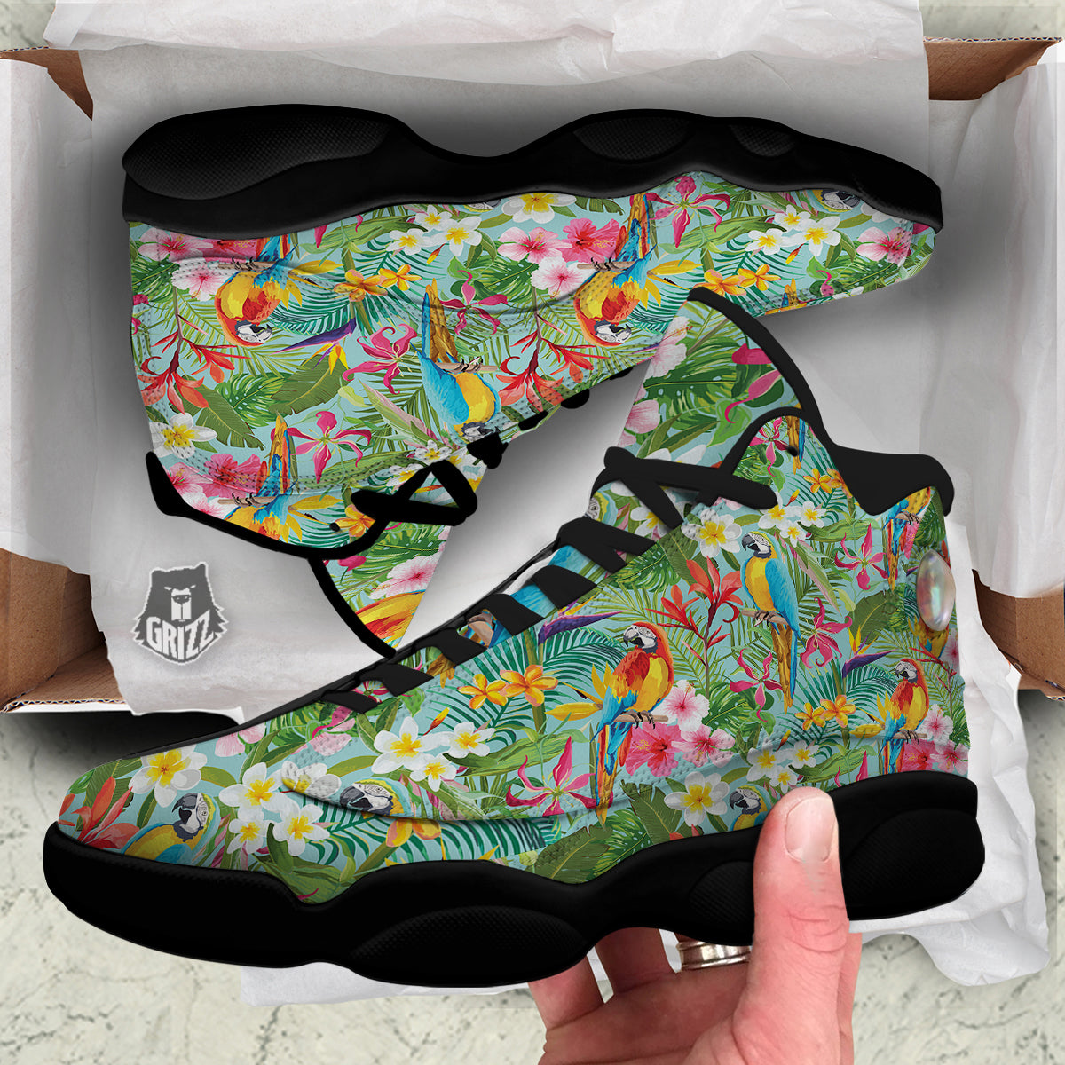 Parrot Tropical Print Pattern Black Basketball Shoes-grizzshop