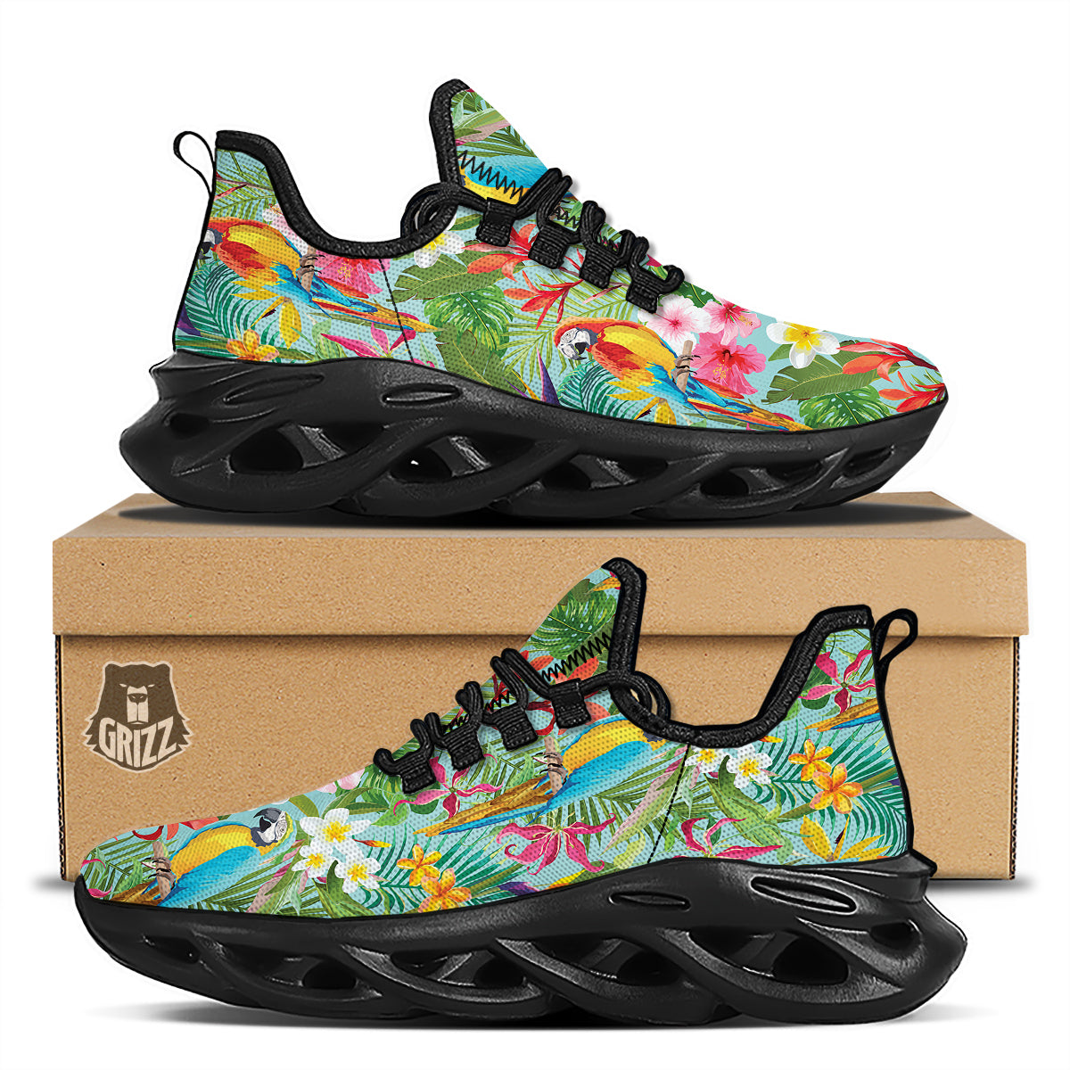 Parrot Tropical Print Pattern Black Running Shoes-grizzshop