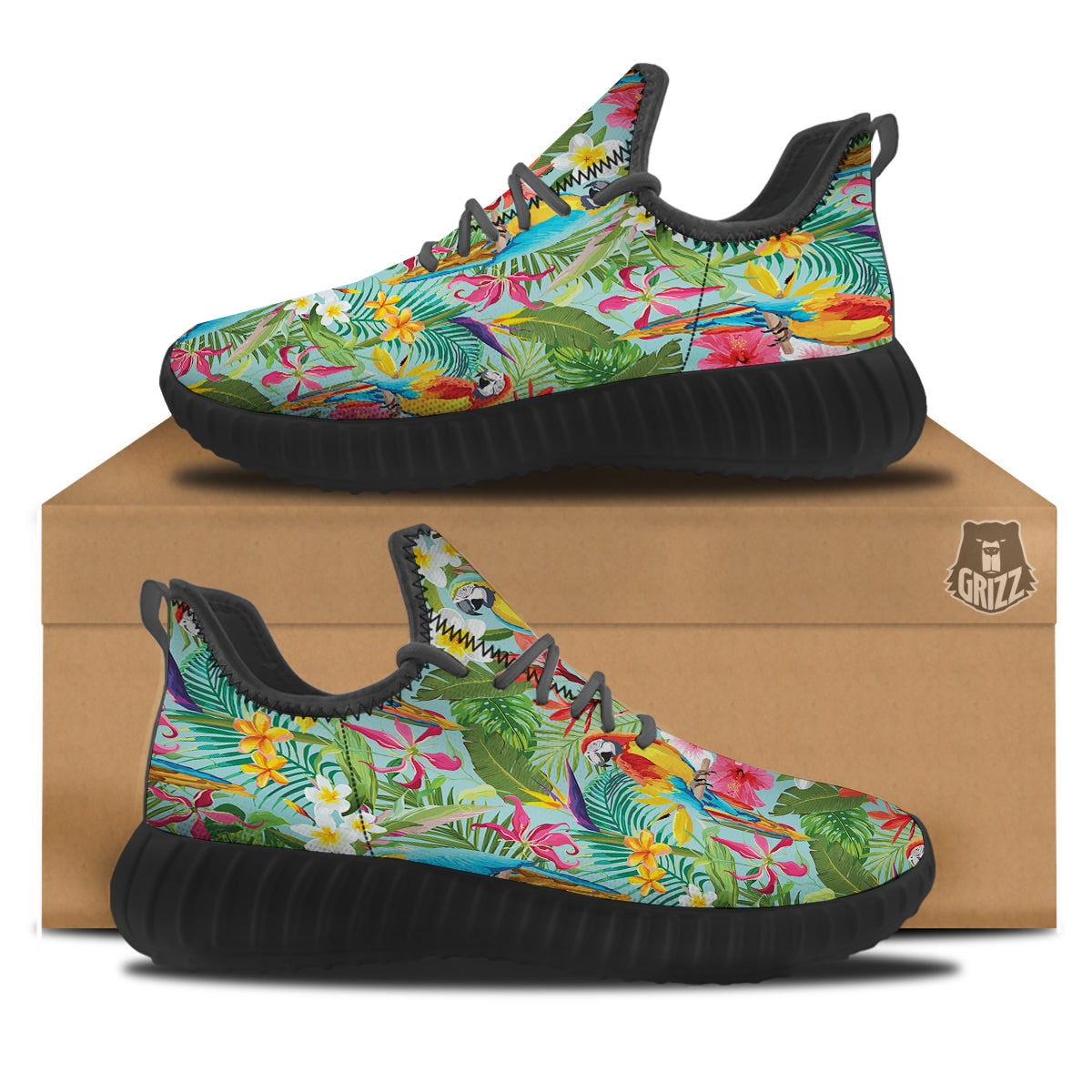 Parrot Tropical Print Pattern Black Walking Shoes-grizzshop