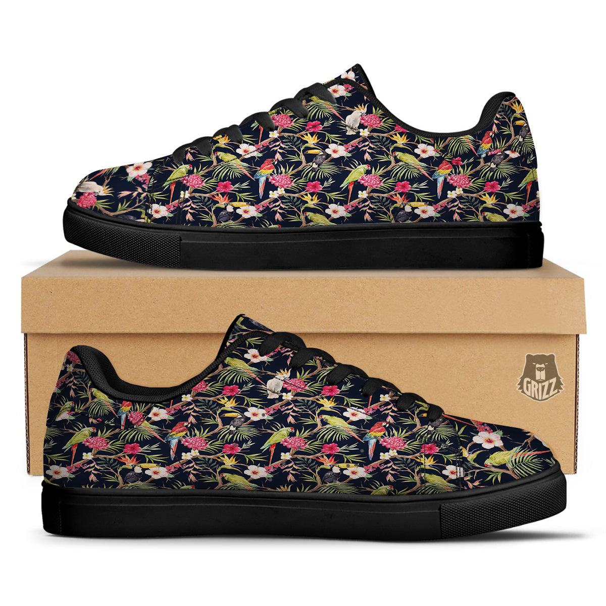 Parrot Watercolor Print Pattern Black Low Top Sneakers-grizzshop