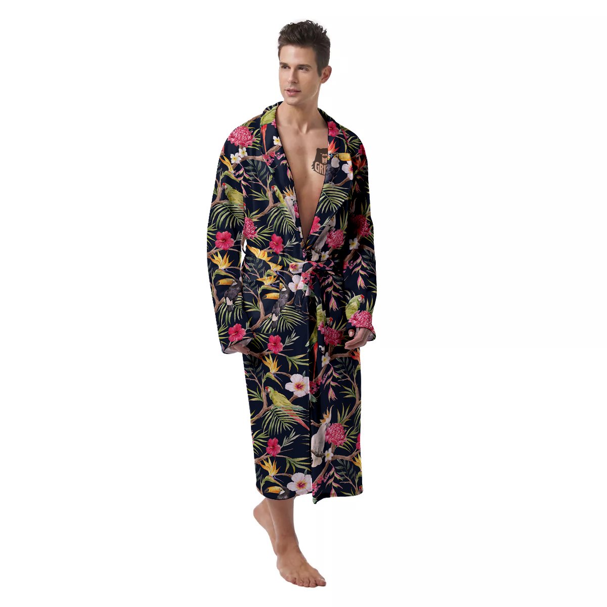 Parrot Watercolor Print Pattern Men's Robe-grizzshop