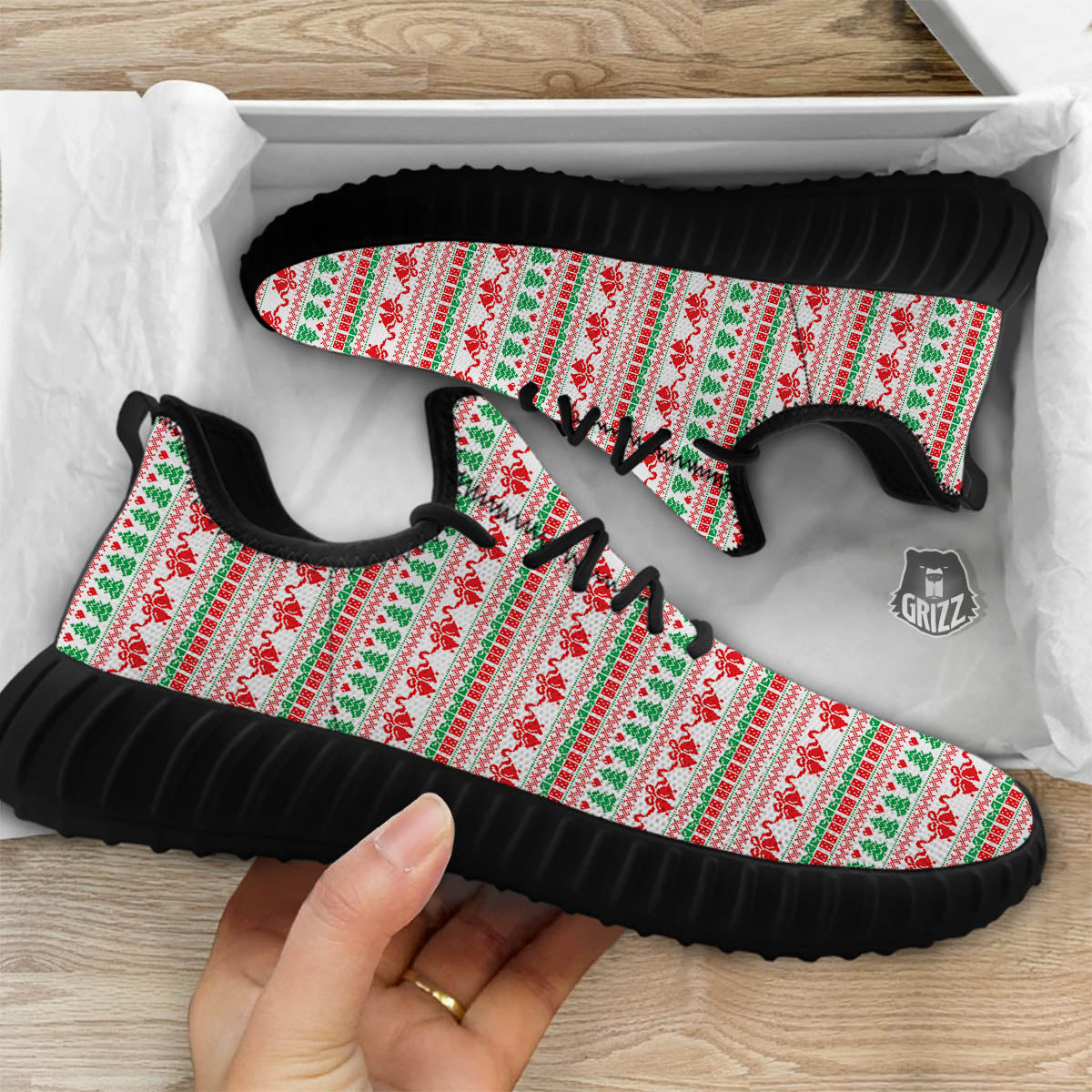 Party Knitted Christmas Print Pattern Black Walking Shoes-grizzshop