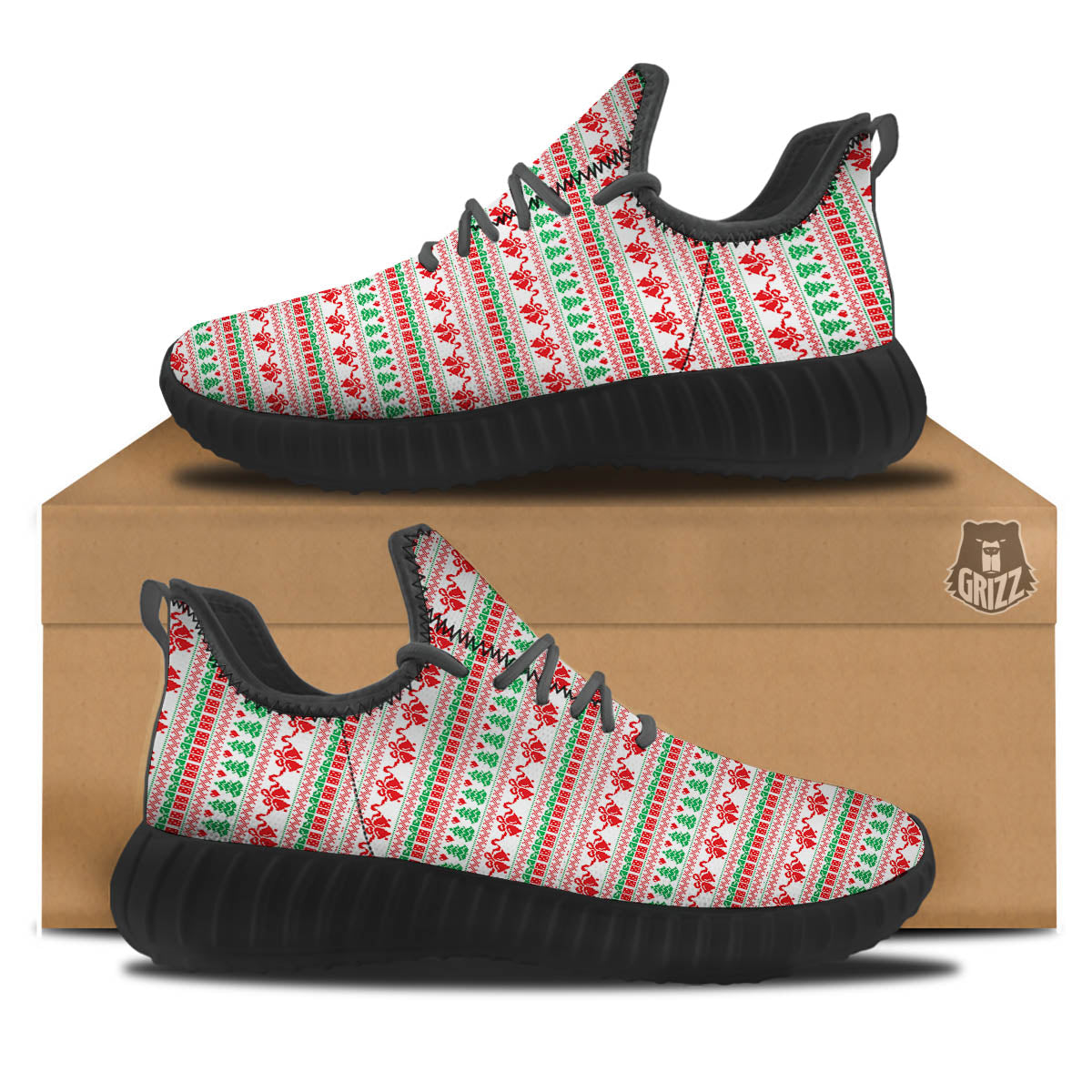 Party Knitted Christmas Print Pattern Black Walking Shoes-grizzshop