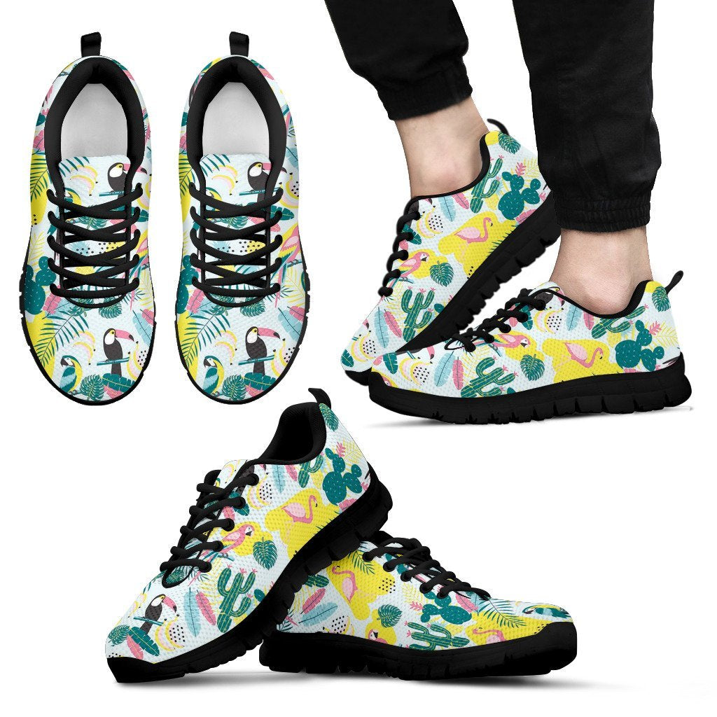 Pastal Parrot Bird Floral Pattern Print Black Sneaker Shoes For Men Women-grizzshop