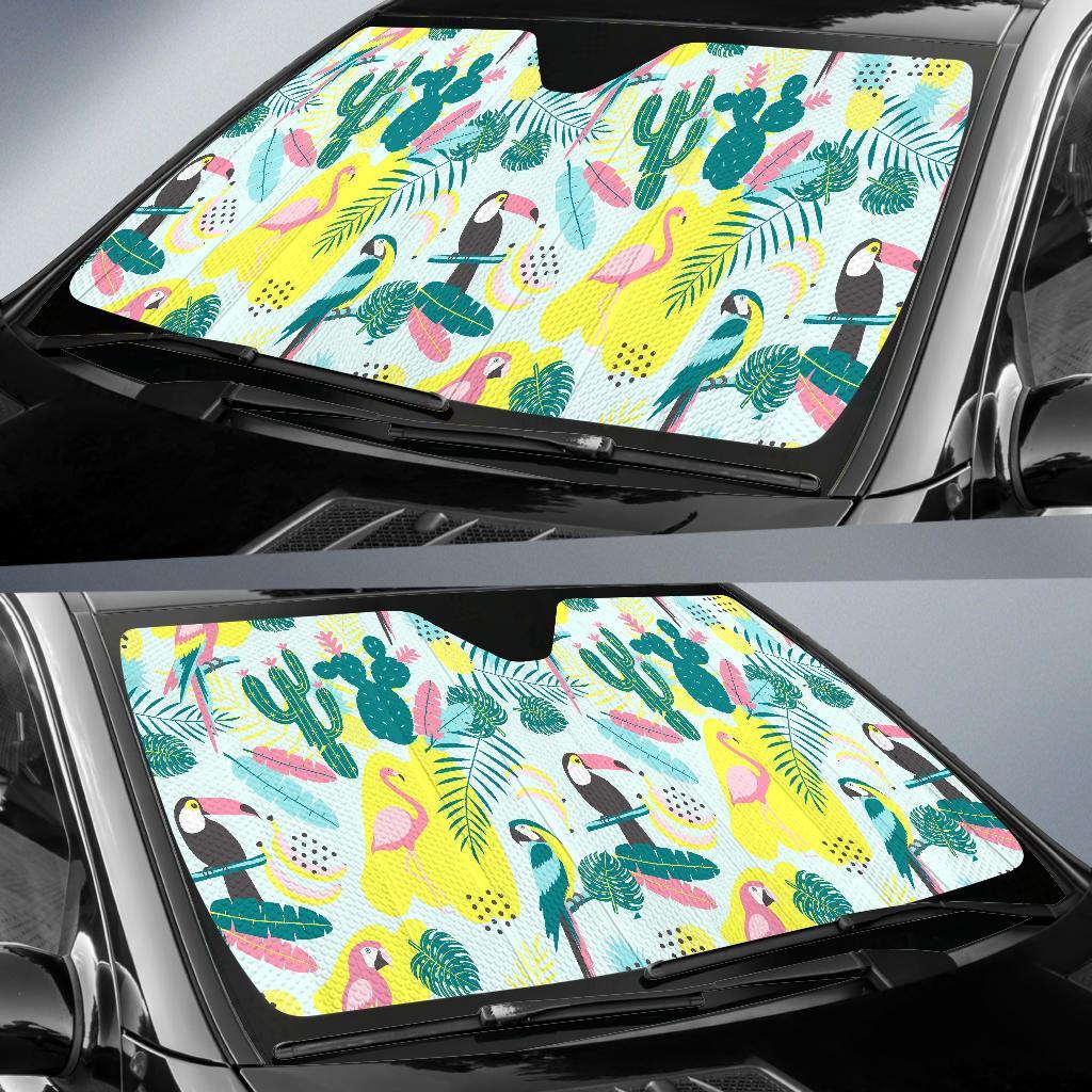 Pastal Parrot Bird Floral Pattern Print Car Sun Shade-grizzshop
