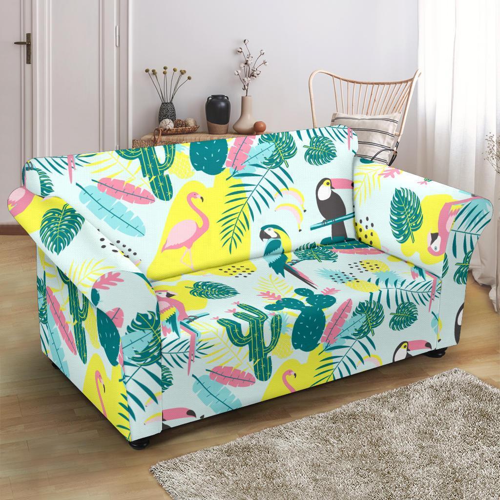 Pastal Parrot Bird Floral Pattern Print Loveseat Cover-grizzshop