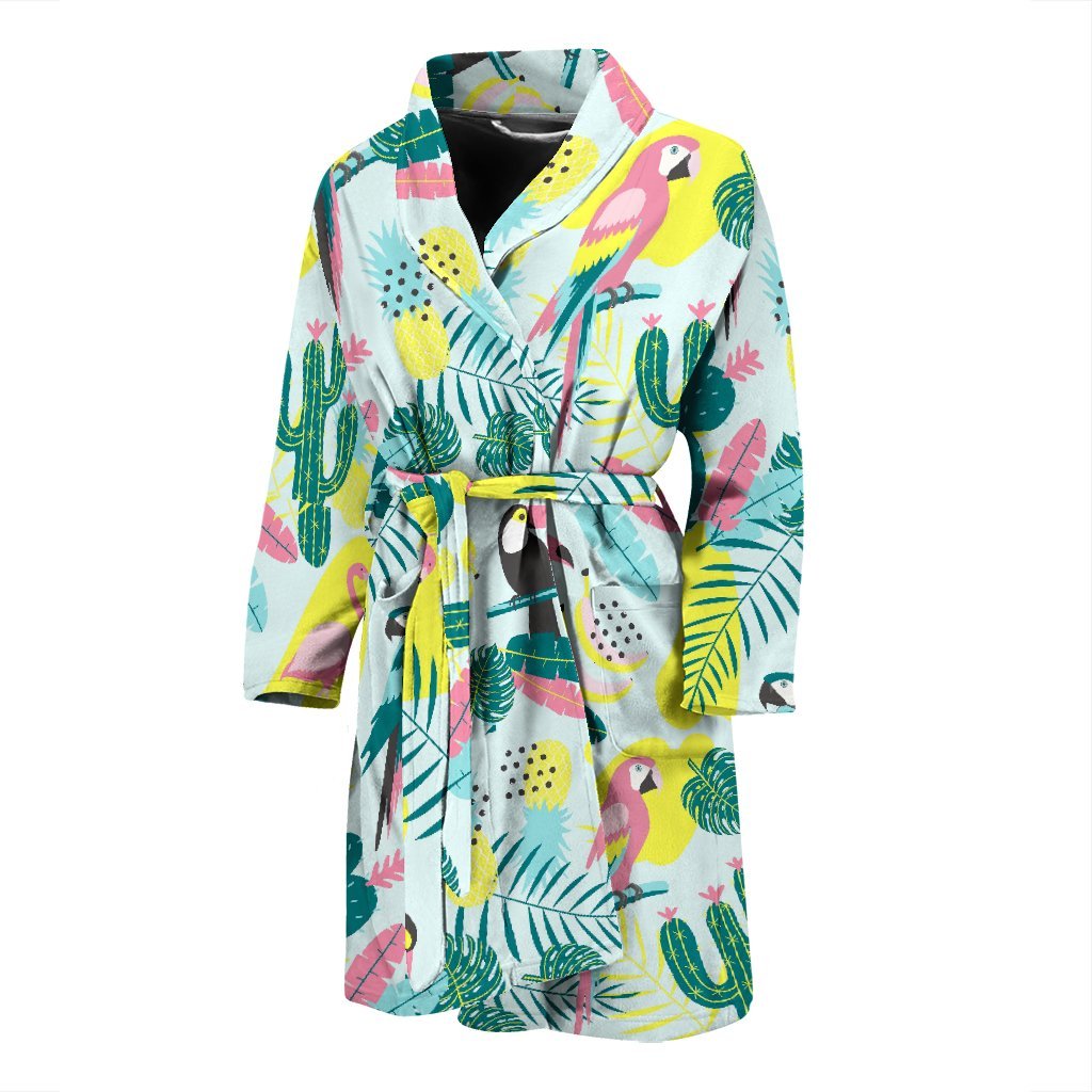 Pastal Parrot Bird Floral Pattern Print Men Long Robe-grizzshop