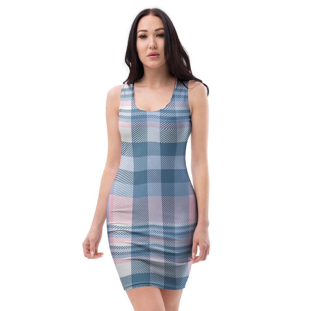 Pastel Blue And Pink Plaid Tartan Bodycon Dress-grizzshop