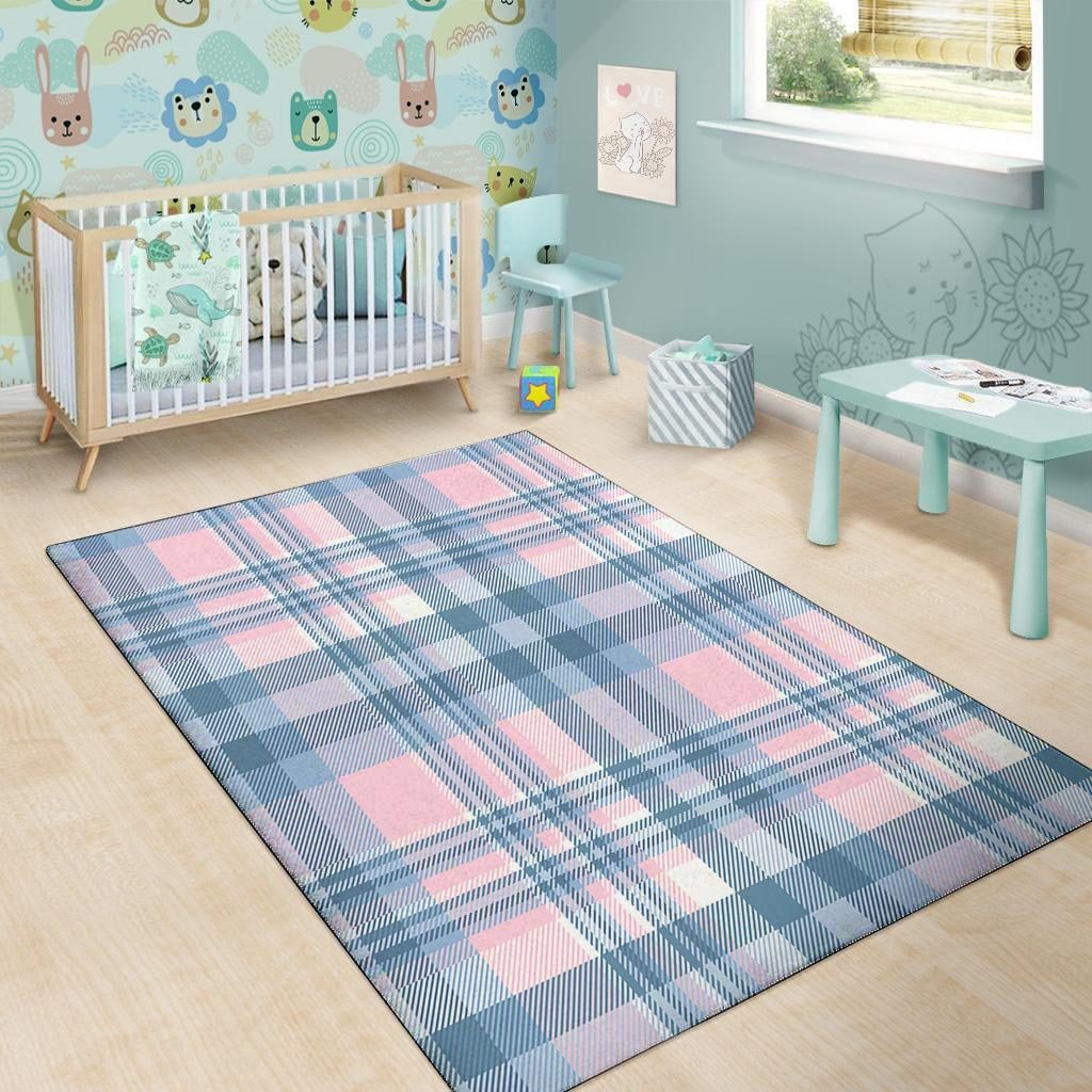 Pastel Blue And Pink Plaid Tartan Floor Mat-grizzshop