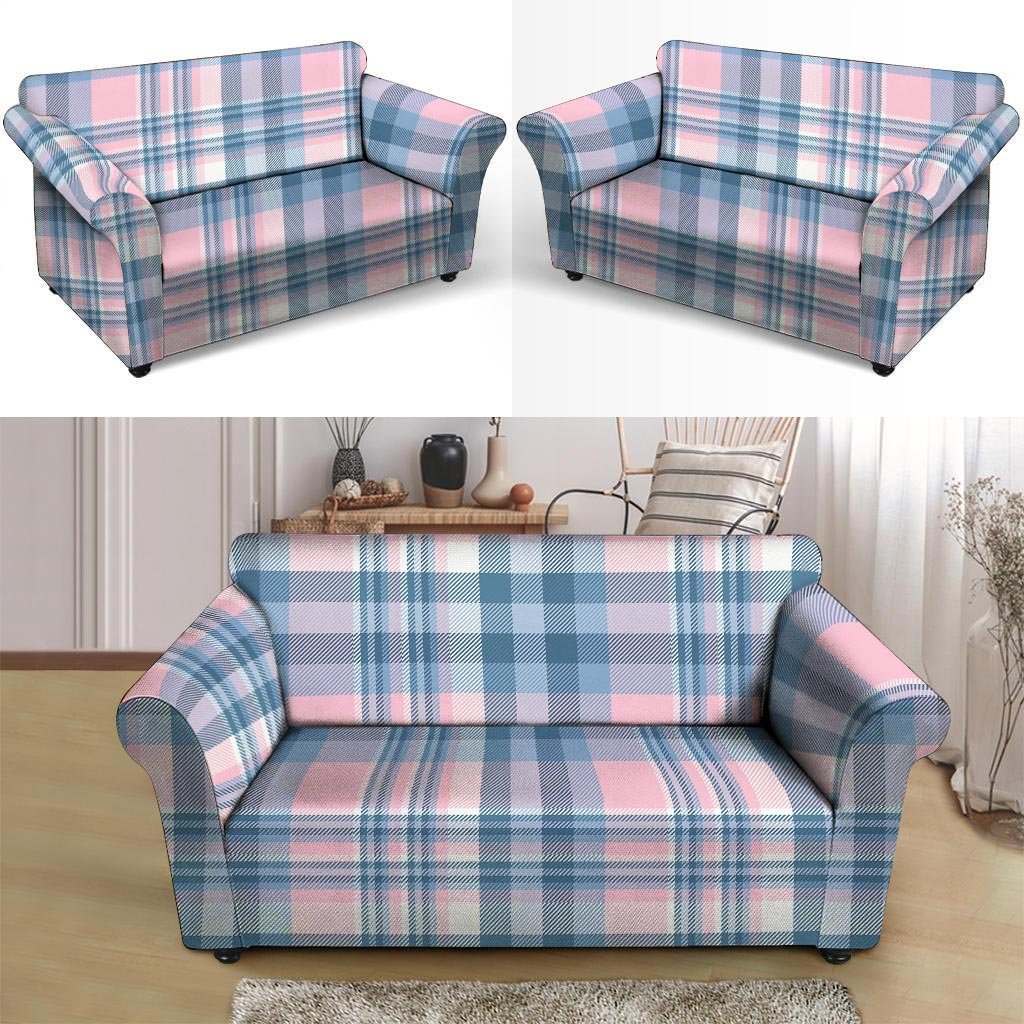 Pastel Blue And Pink Plaid Tartan Loveseat Cover-grizzshop