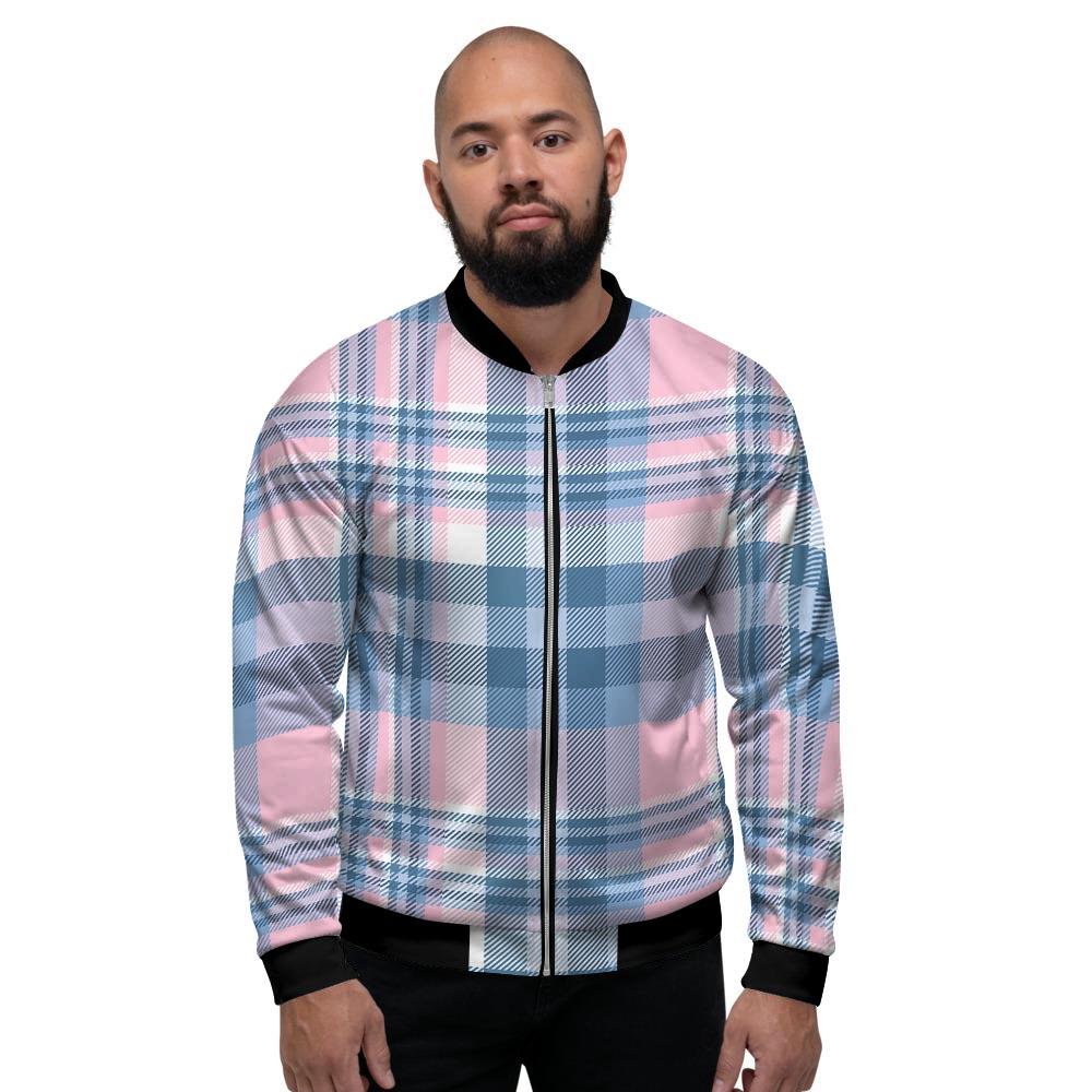 Pastel Blue And Pink Plaid Tartan Men's Bomber Jacket-grizzshop