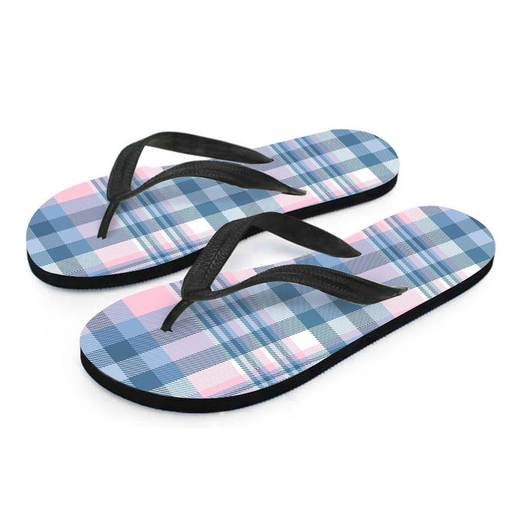 Pastel Blue And Pink Plaid Tartan Men's Flip Flops-grizzshop