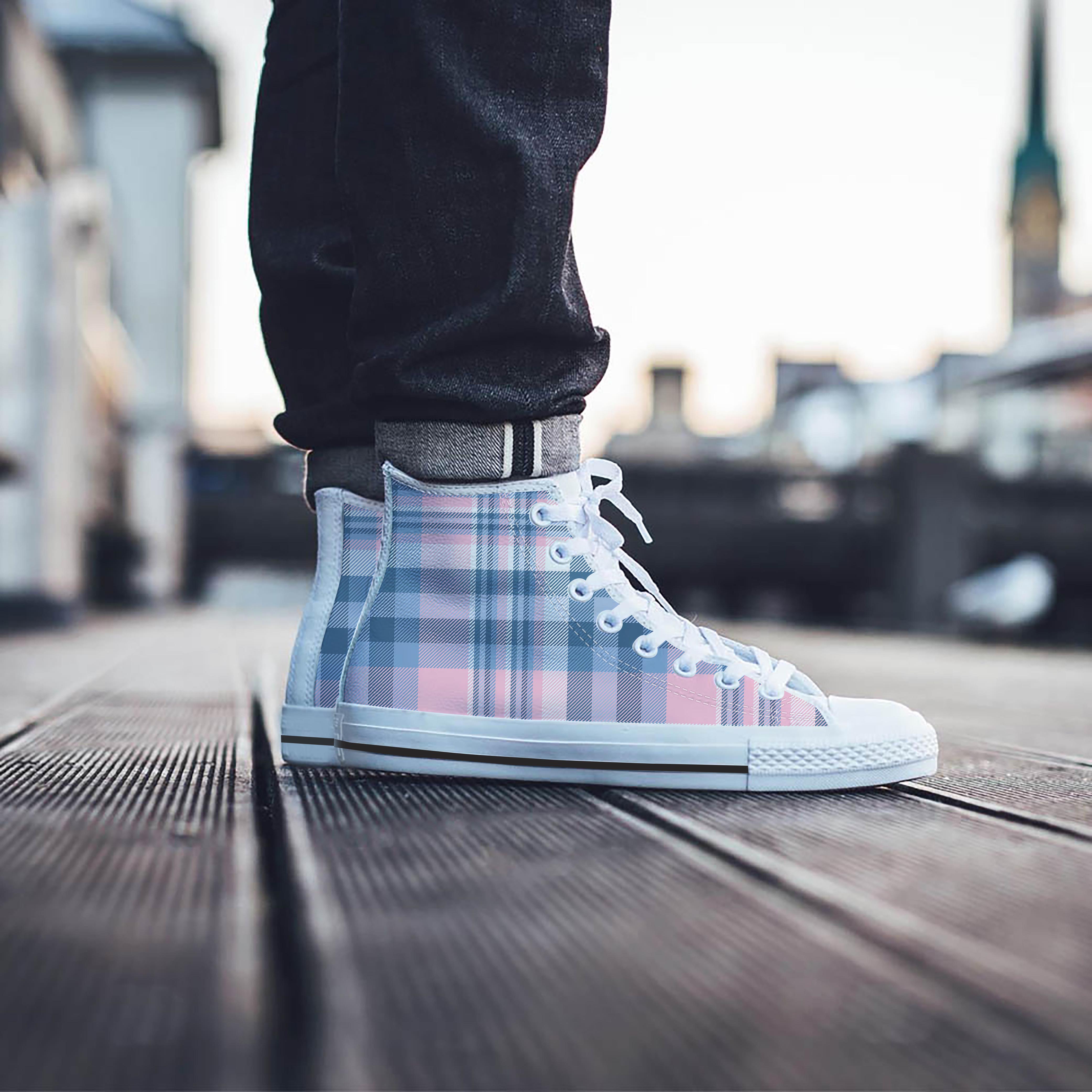 Pastel Blue And Pink Plaid Tartan Men's High Top Shoes-grizzshop