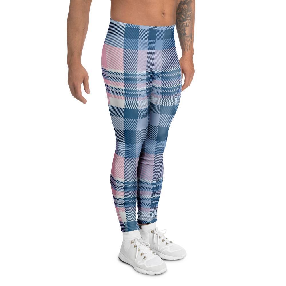 Pastel Blue And Pink Plaid Tartan Men's Leggings-grizzshop