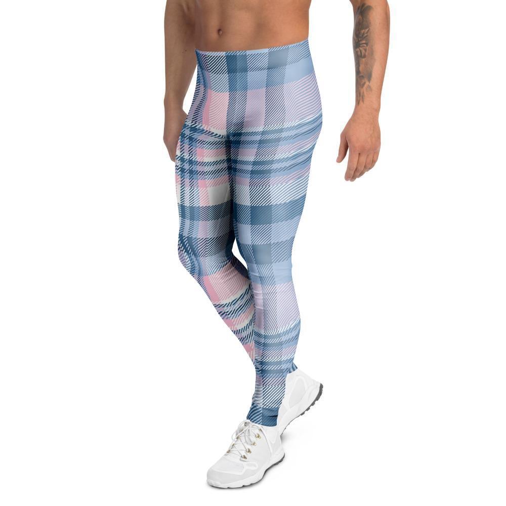 Pastel Blue And Pink Plaid Tartan Men's Leggings-grizzshop