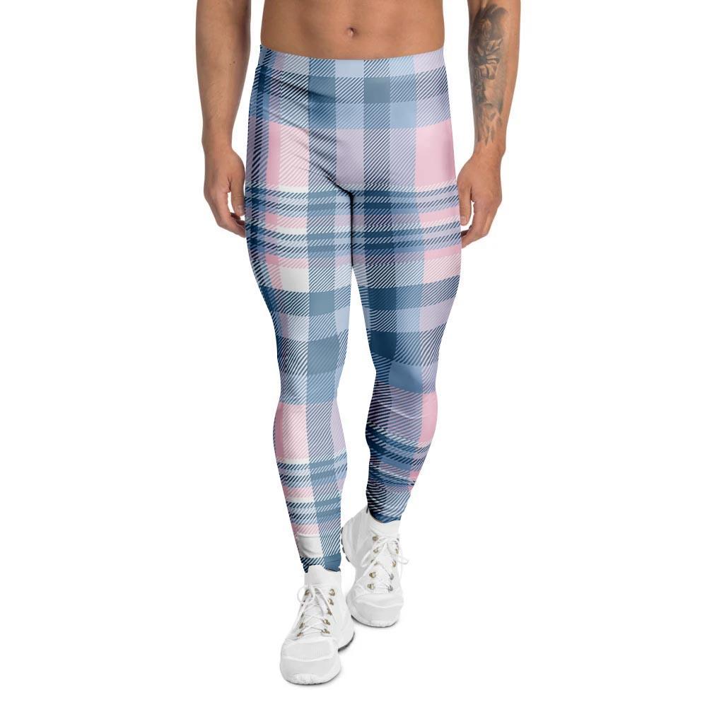 Pastel Blue And Pink Plaid Tartan Men's Leggings-grizzshop