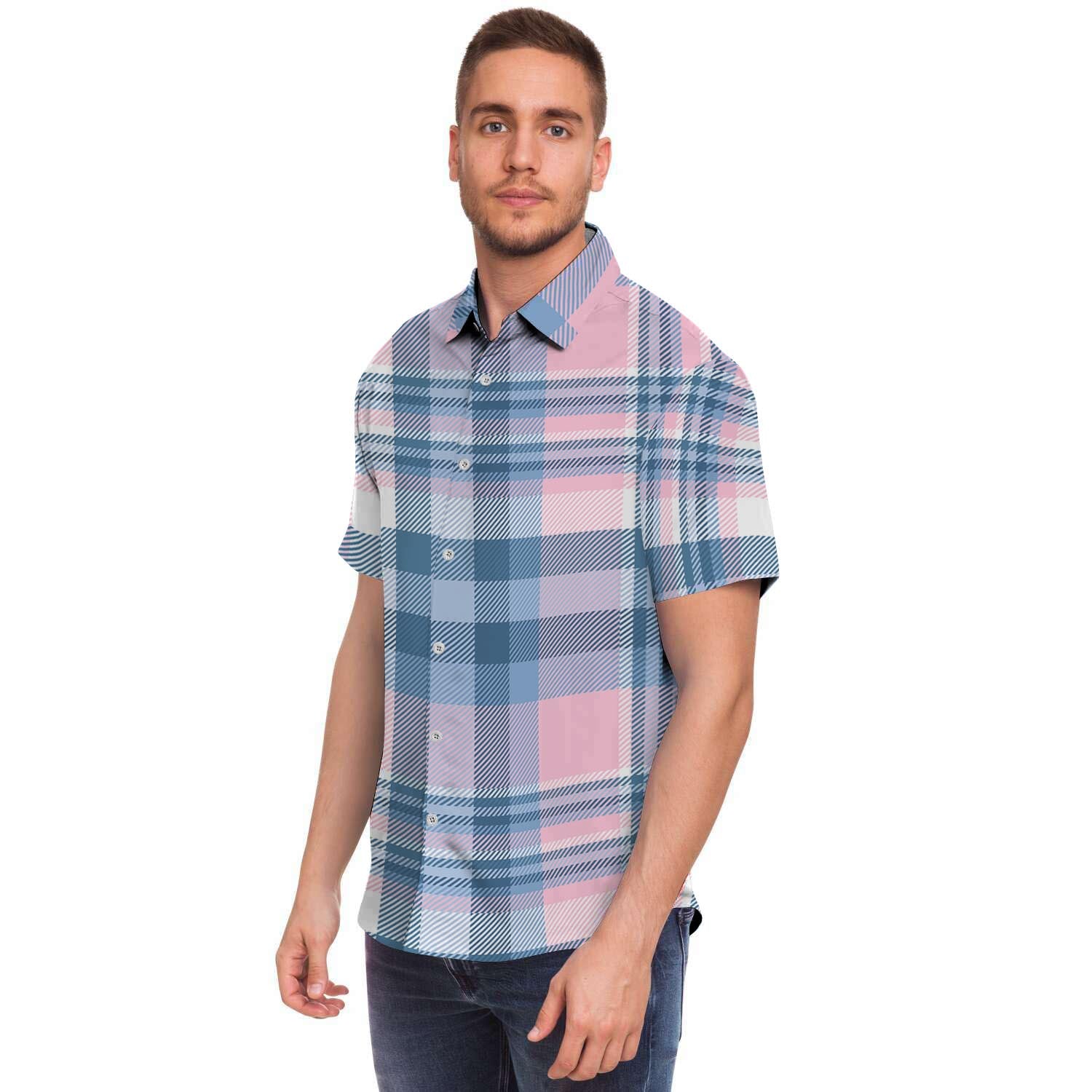 Pastel Blue And Pink Plaid Tartan Men's Short Sleeve Shirt-grizzshop