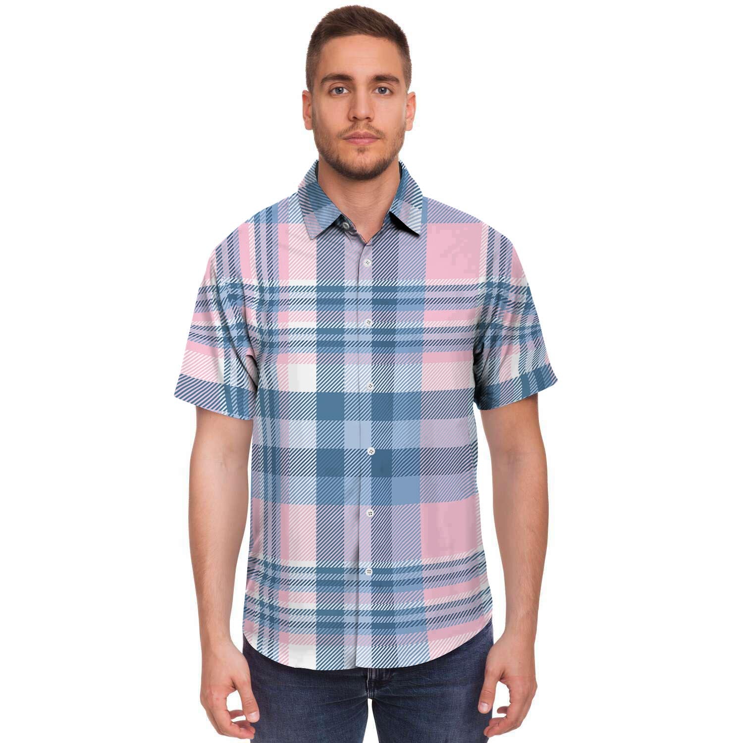 Pastel Blue And Pink Plaid Tartan Men's Short Sleeve Shirt-grizzshop