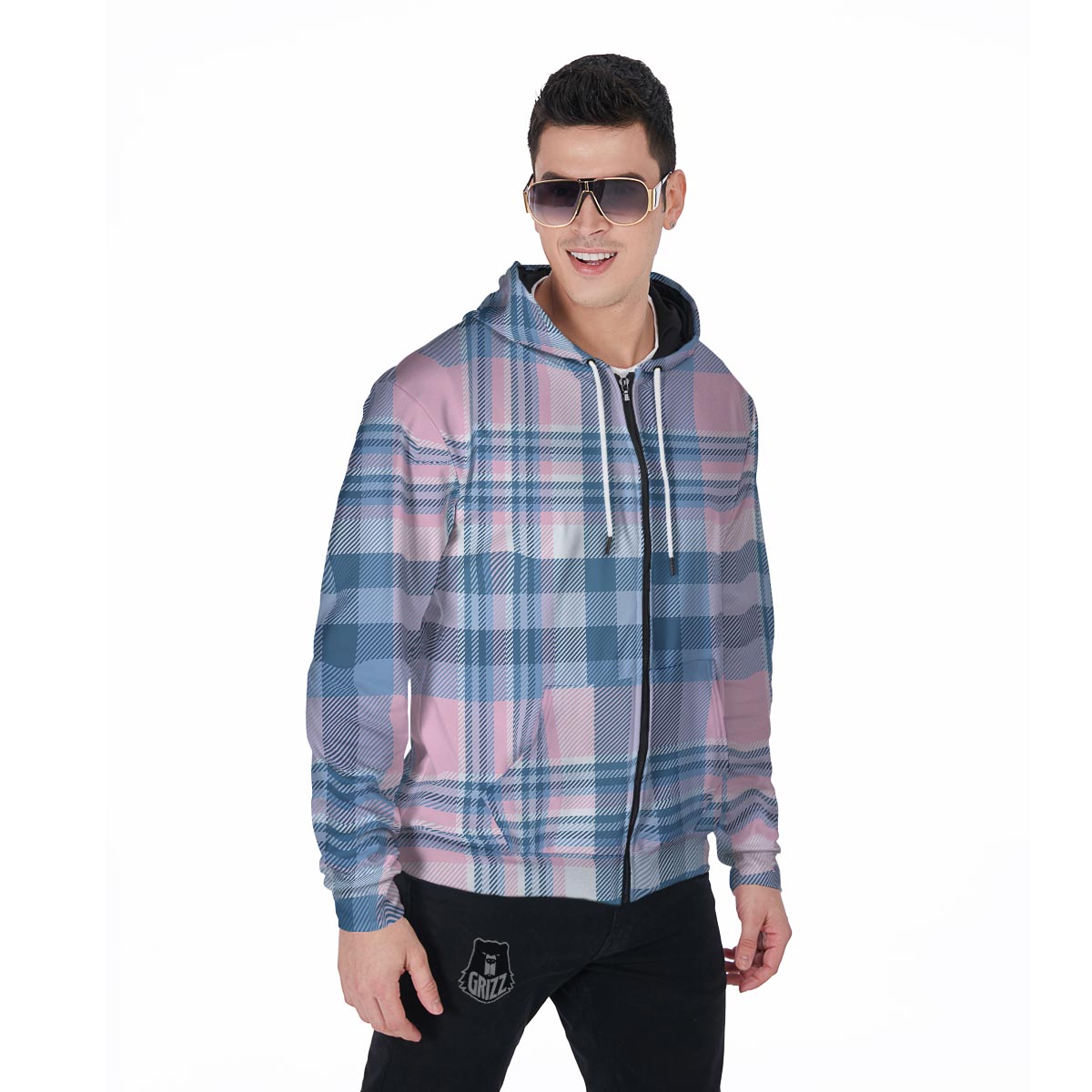 Pastel Blue And Pink Plaid Tartan Men's Zip Up Hoodie-grizzshop