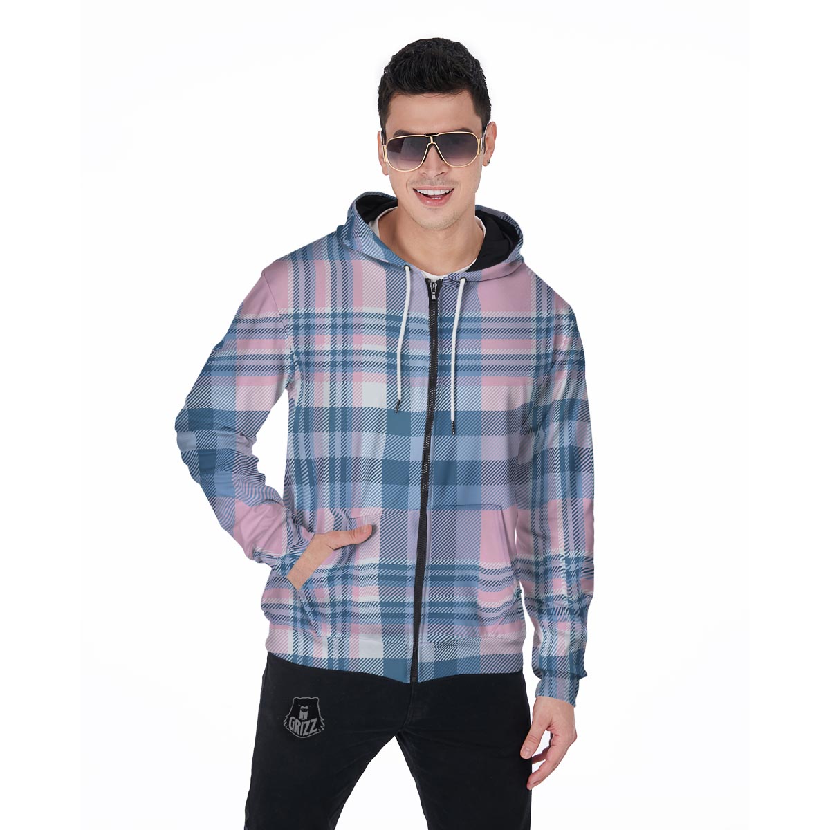 Pastel Blue And Pink Plaid Tartan Men's Zip Up Hoodie-grizzshop