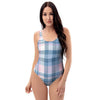 Pastel Blue And Pink Plaid Tartan One Piece Swimsuite-grizzshop