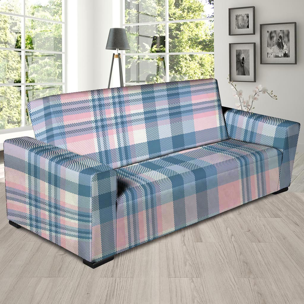 Pastel Blue And Pink Plaid Tartan Sofa Cover-grizzshop