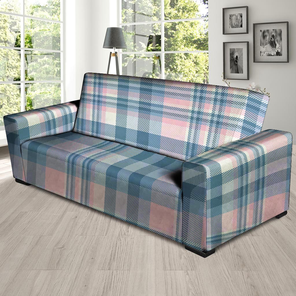 Pastel Blue And Pink Plaid Tartan Sofa Cover-grizzshop