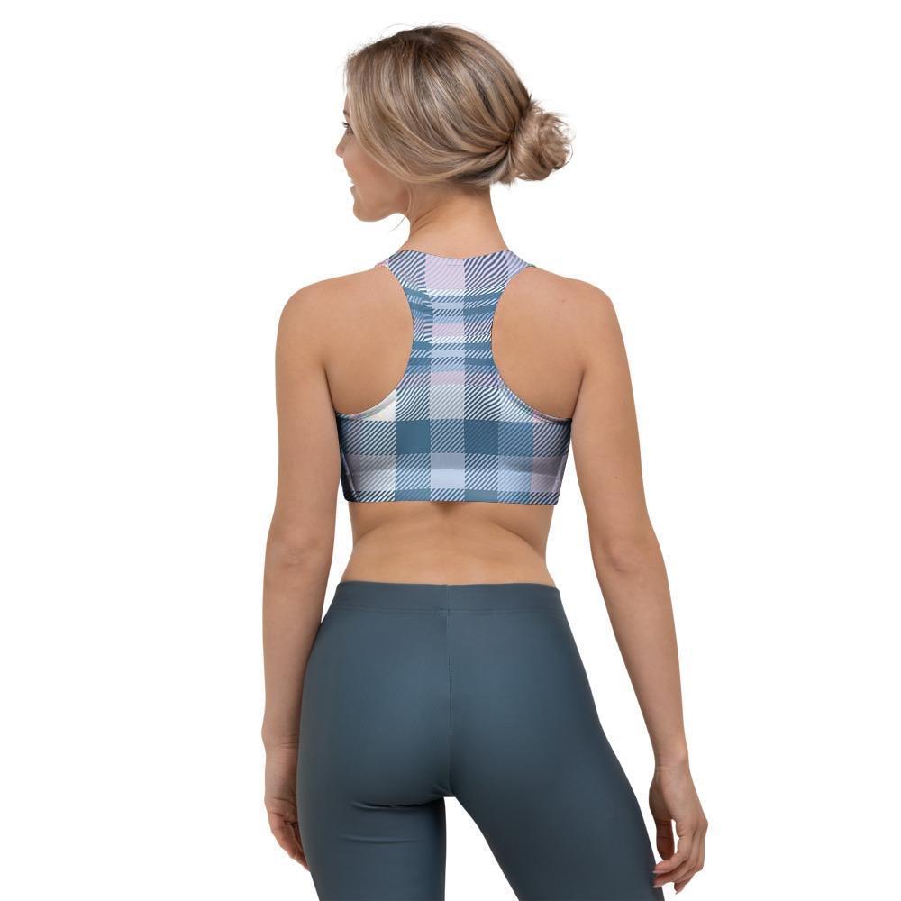 Pastel Blue And Pink Plaid Tartan Sports Bra-grizzshop