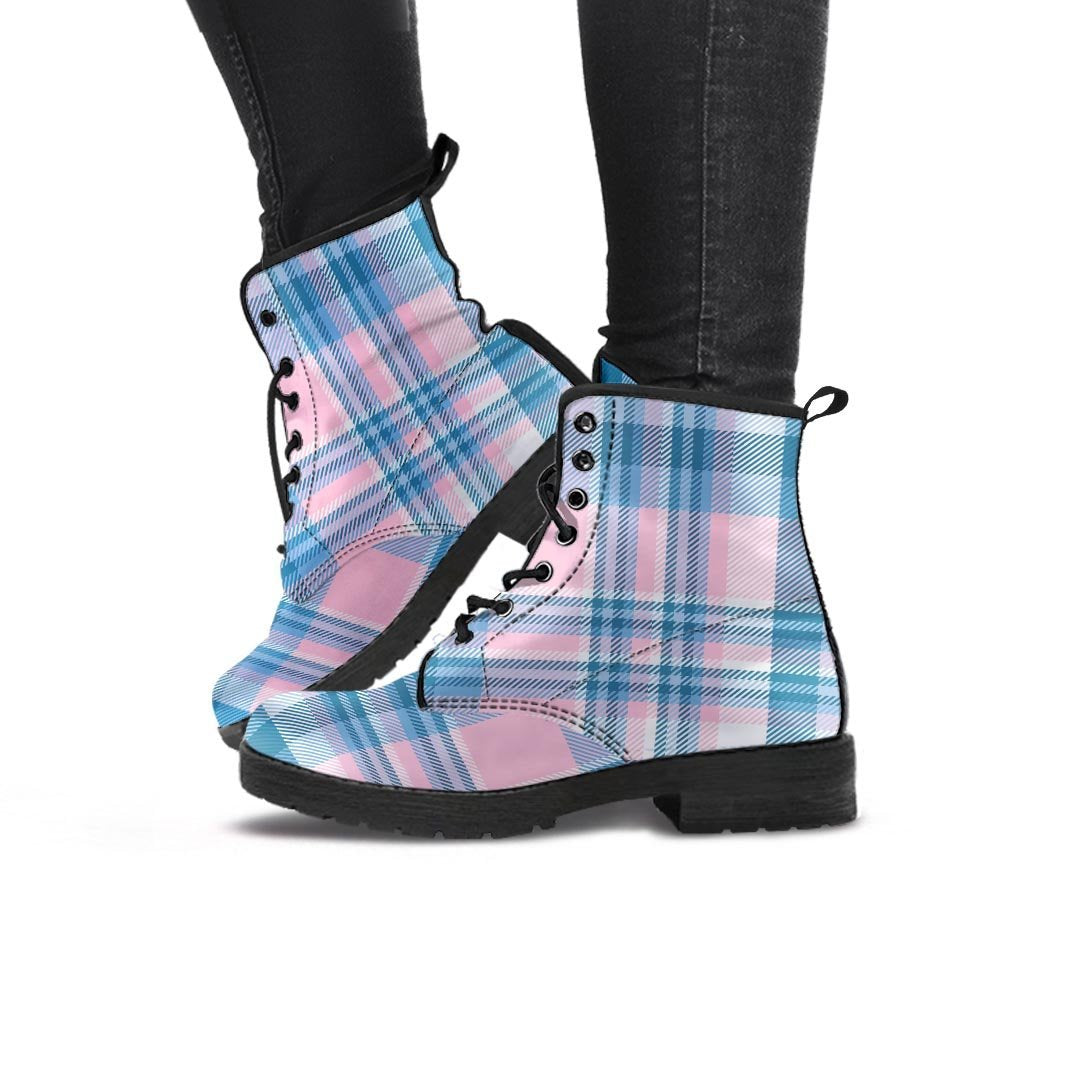 Pastel Blue And Pink Plaid Tartan Women's Boots-grizzshop