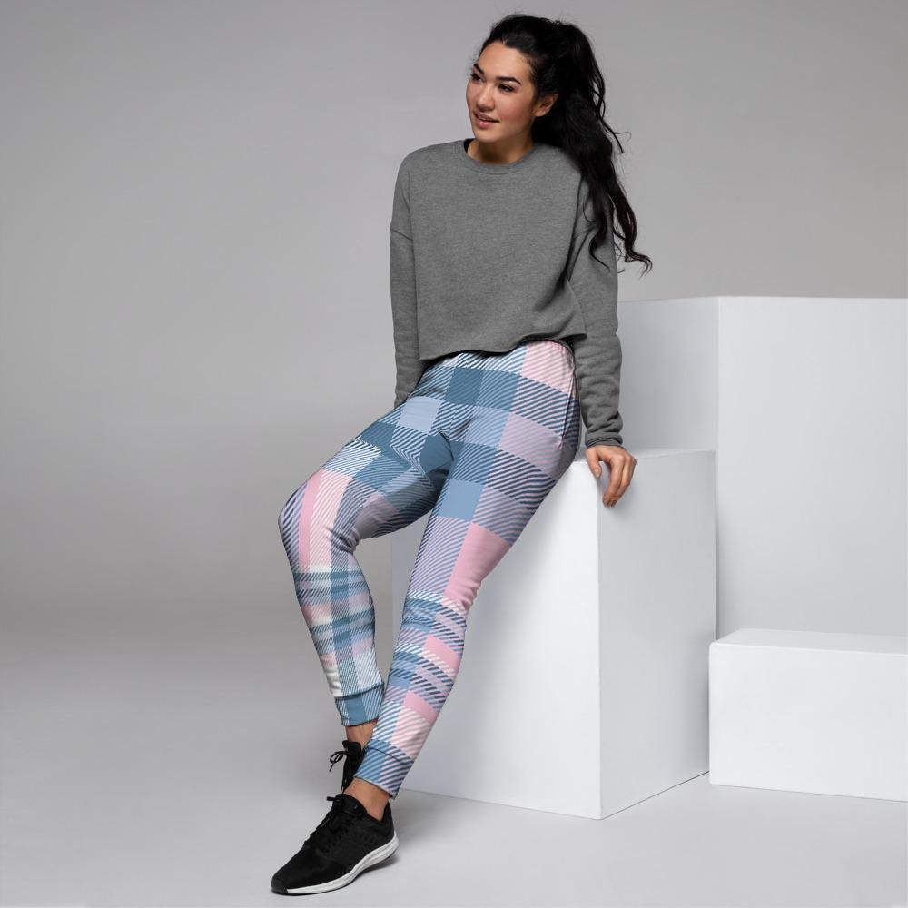 Pastel Blue And Pink Plaid Tartan Women's Joggers-grizzshop