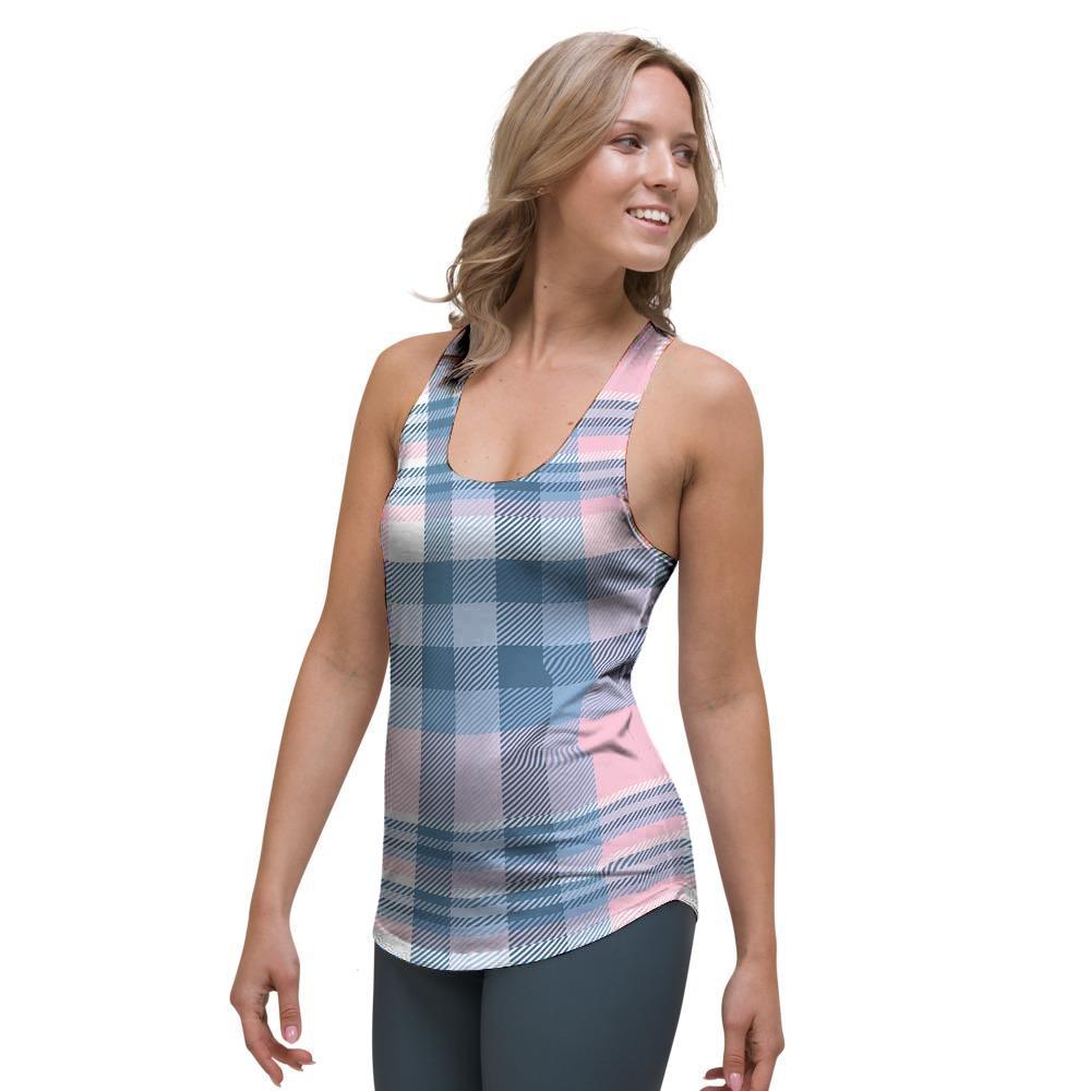 Pastel Blue And Pink Plaid Tartan Women's Racerback Tank Top-grizzshop