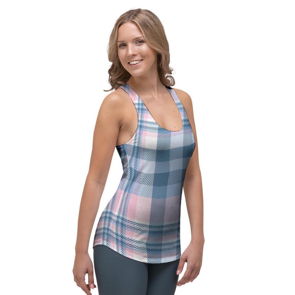 Pastel Blue And Pink Plaid Tartan Women's Racerback Tank Top-grizzshop