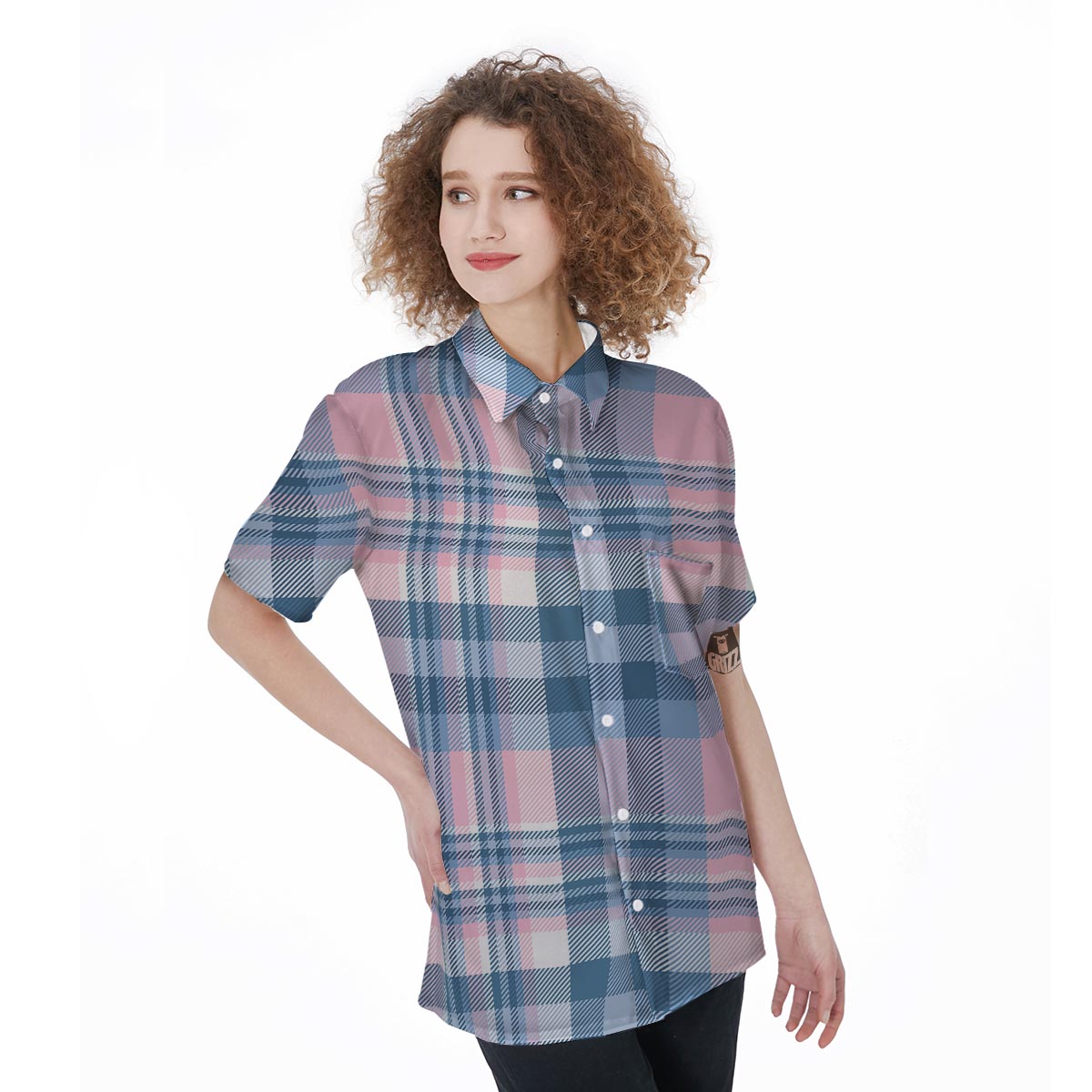 Pastel Blue And Pink Plaid Tartan Women's Short Sleeve Shirts-grizzshop