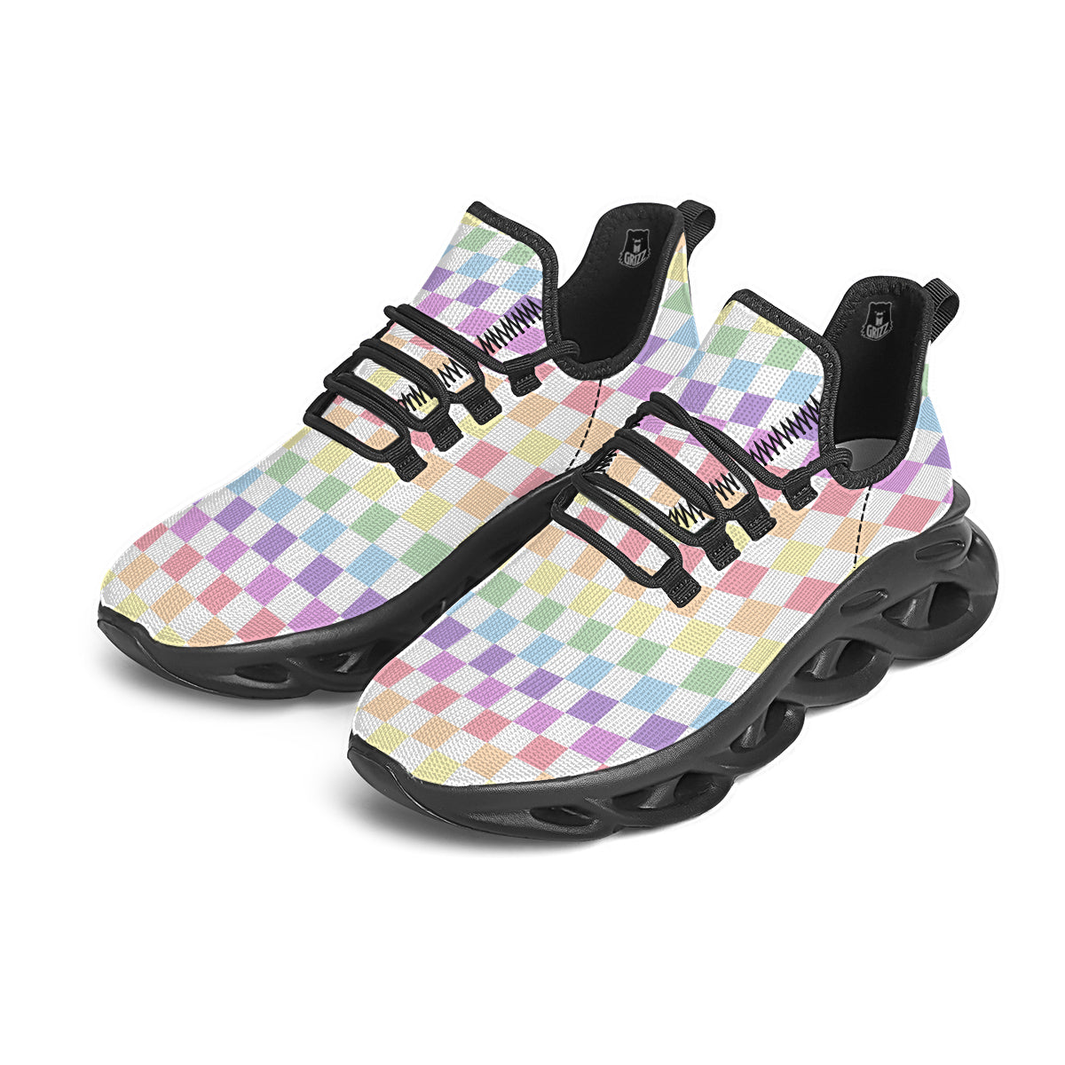 Pastel Checkered Flag Print Black Running Shoes-grizzshop
