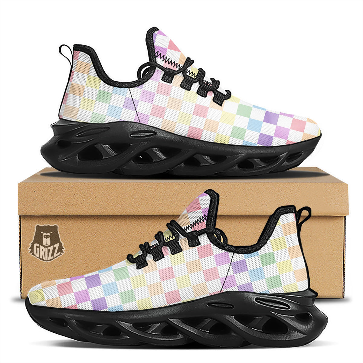 Pastel Checkered Flag Print Black Running Shoes-grizzshop
