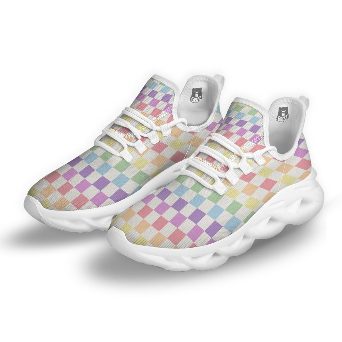 Pastel Checkered Flag Print White Running Shoes-grizzshop