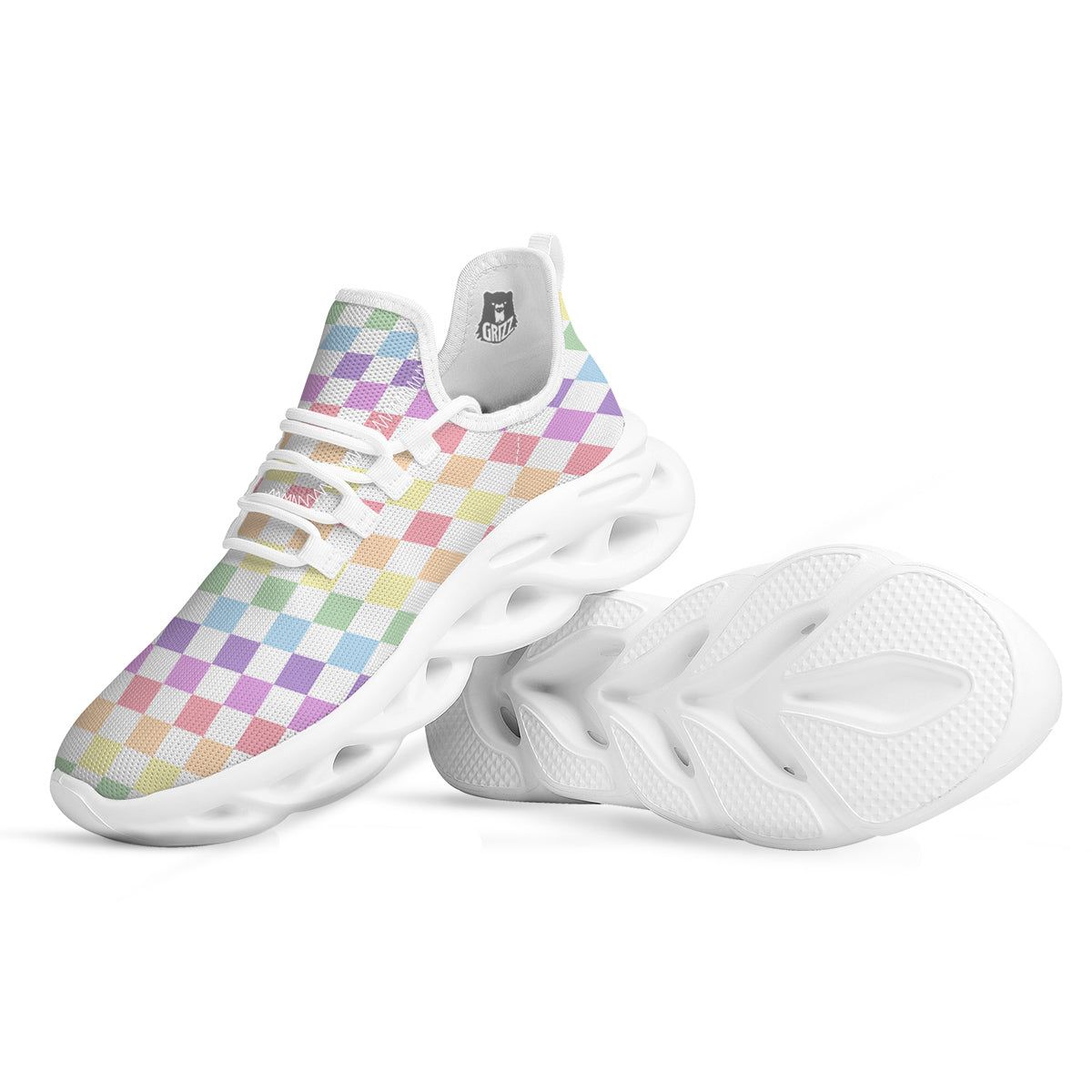 Pastel Checkered Flag Print White Running Shoes-grizzshop
