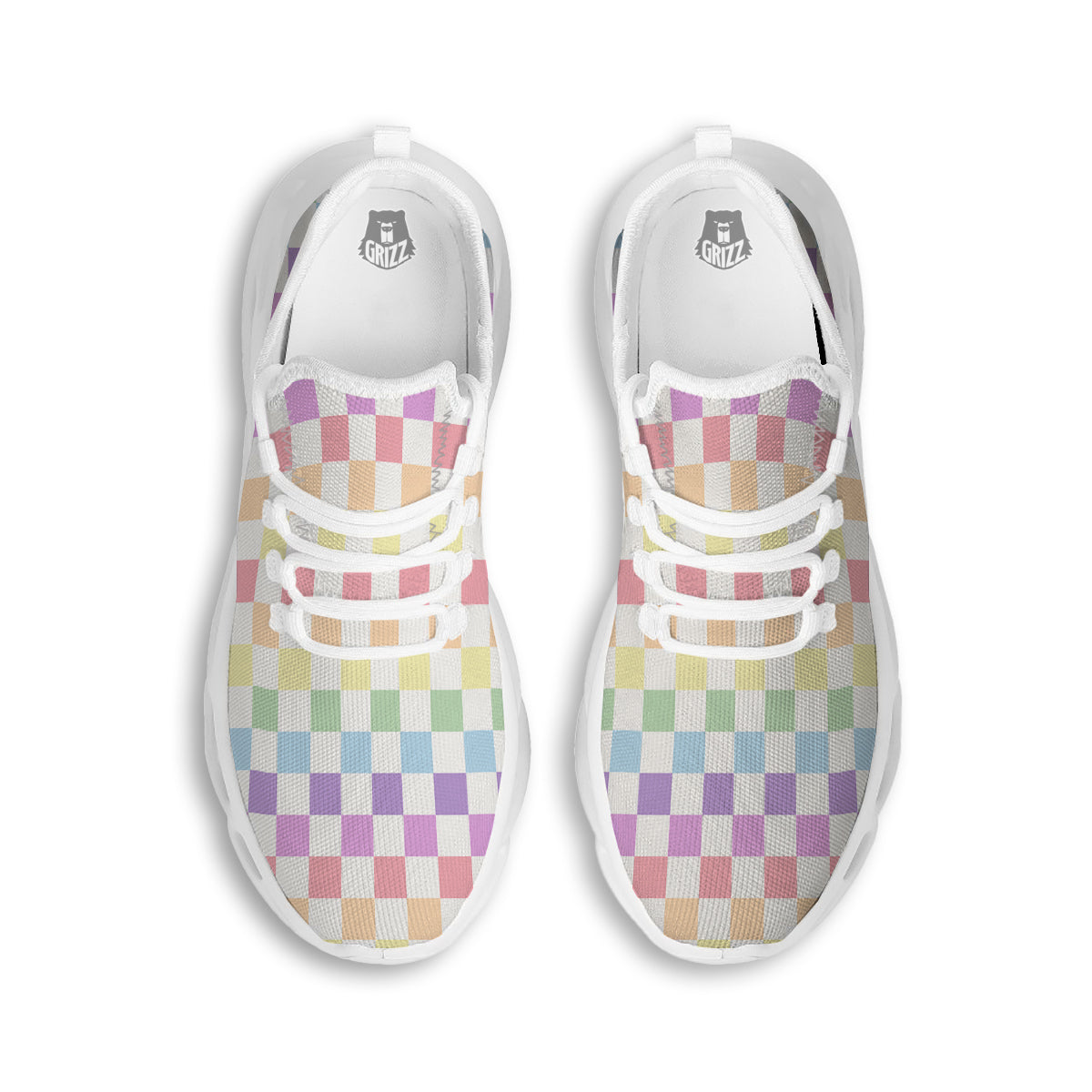 Pastel Checkered Flag Print White Running Shoes-grizzshop