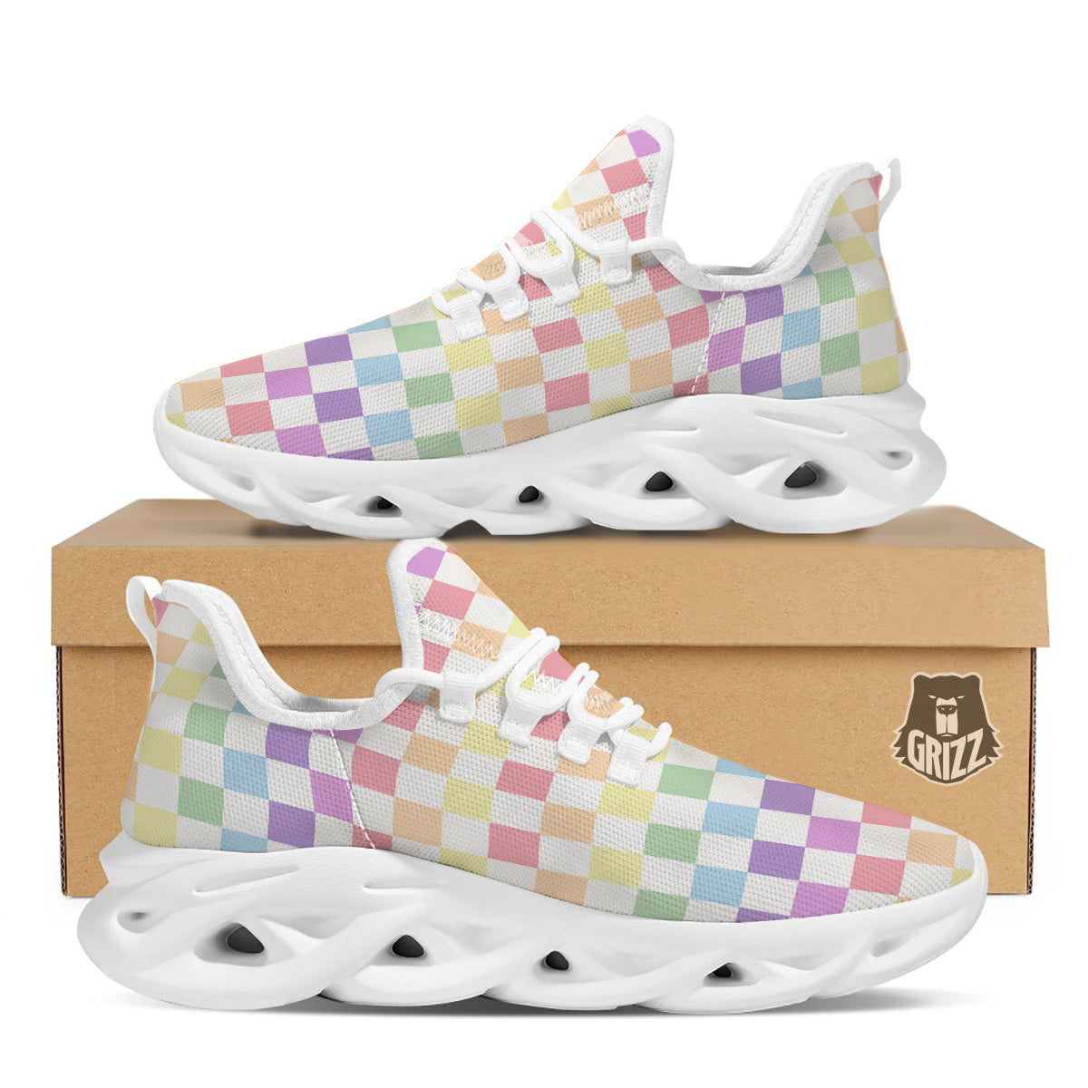 Pastel Checkered Flag Print White Running Shoes-grizzshop