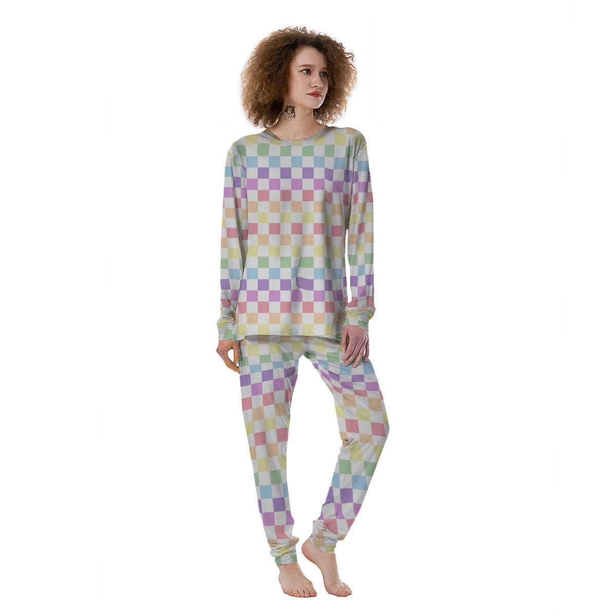 Pastel Checkered Flag Print Women's Pajamas-grizzshop